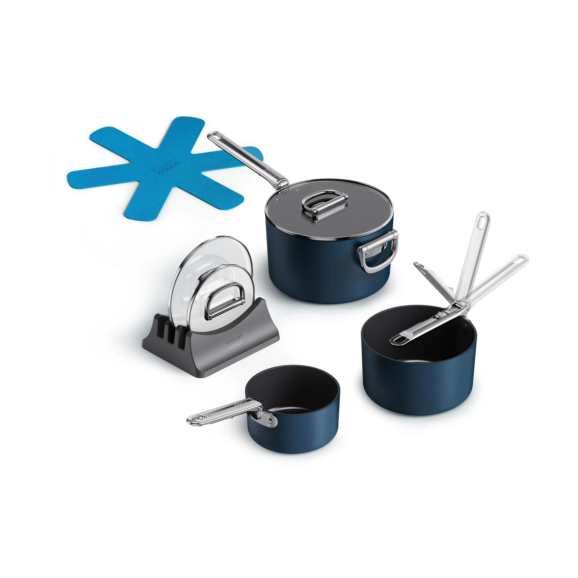 Space non stick kasserolle, sett 8 deler, Blå Joseph Joseph