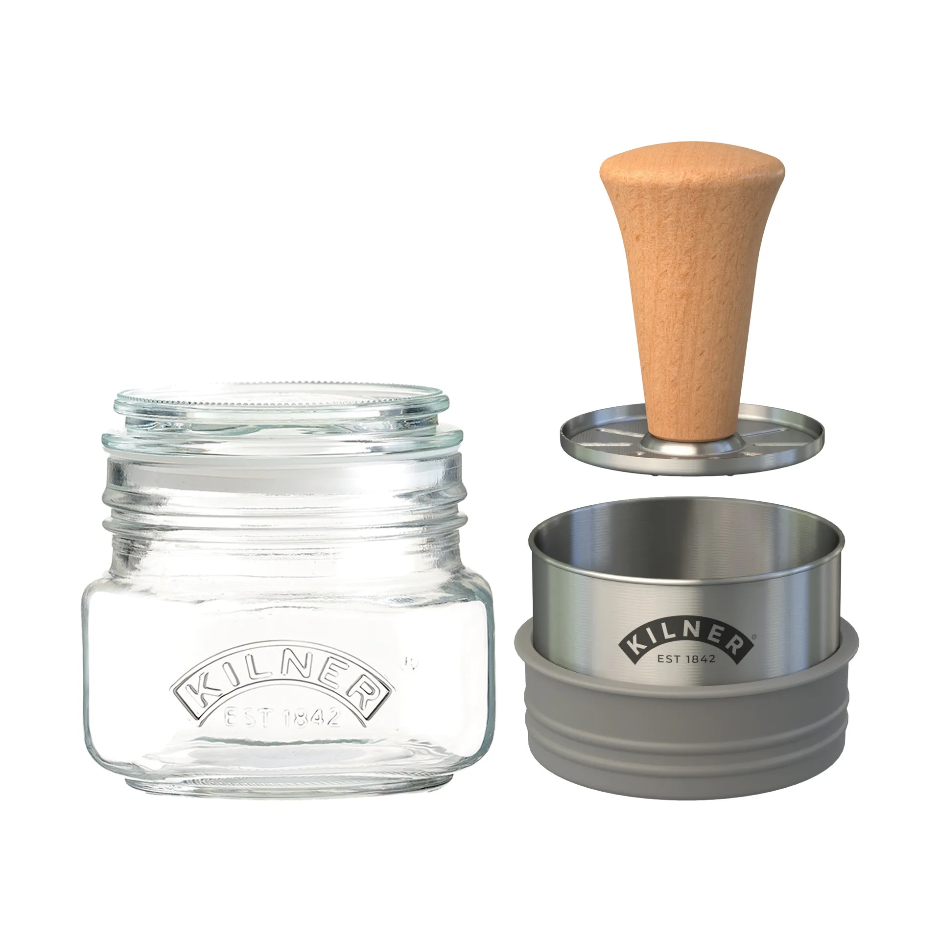 Kilner Mash & Store oppbevaringskrukkesett, Klar-rustfritt stål-tre, 0,5 L Kilner