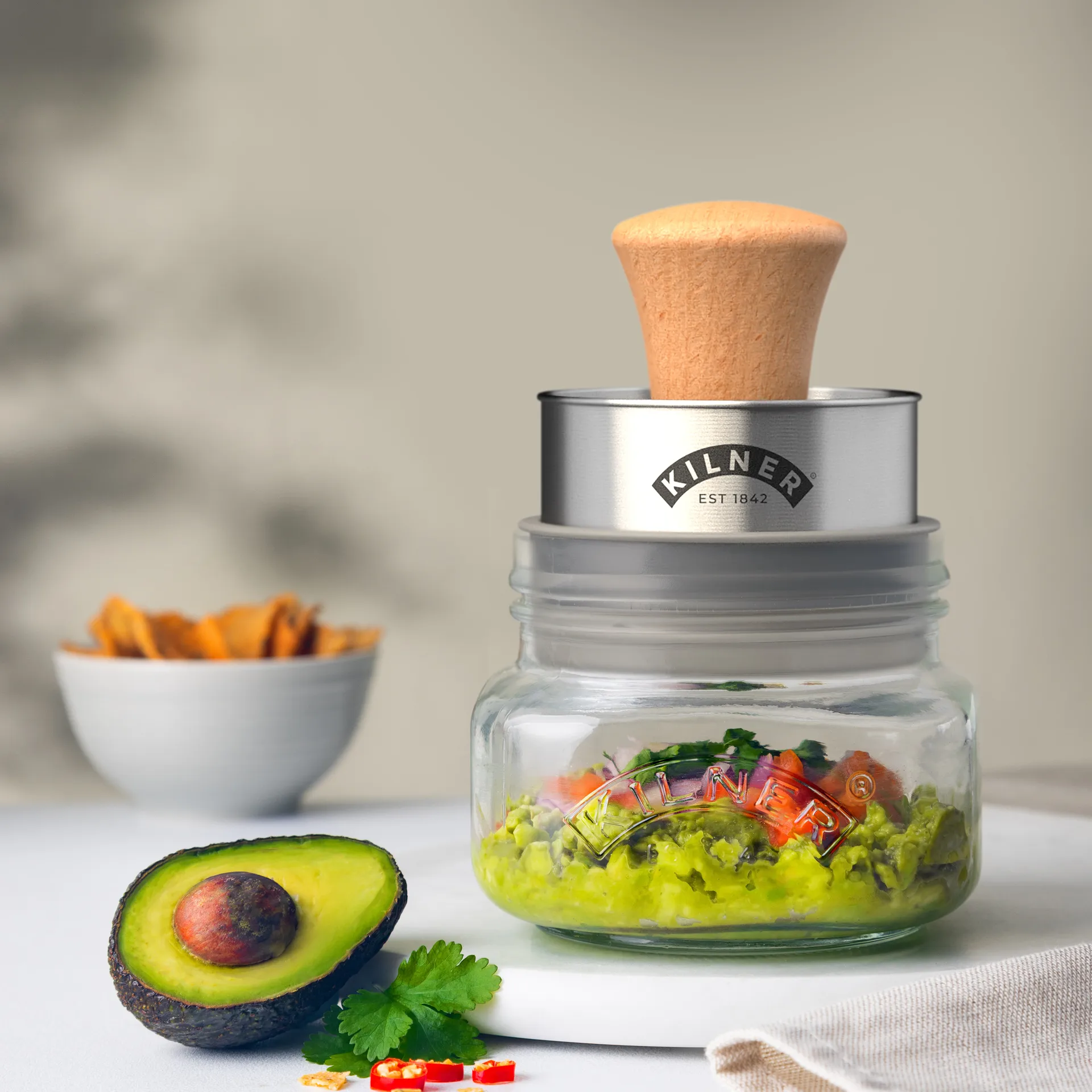 Kilner Mash & Store oppbevaringskrukkesett, Klar-rustfritt stål-tre, 0,5 L Kilner