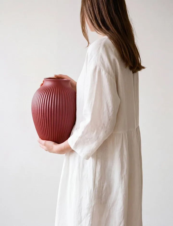 Knabstrup riflet vase 20 cm - Soft cherry red - Knabstrup Keramik