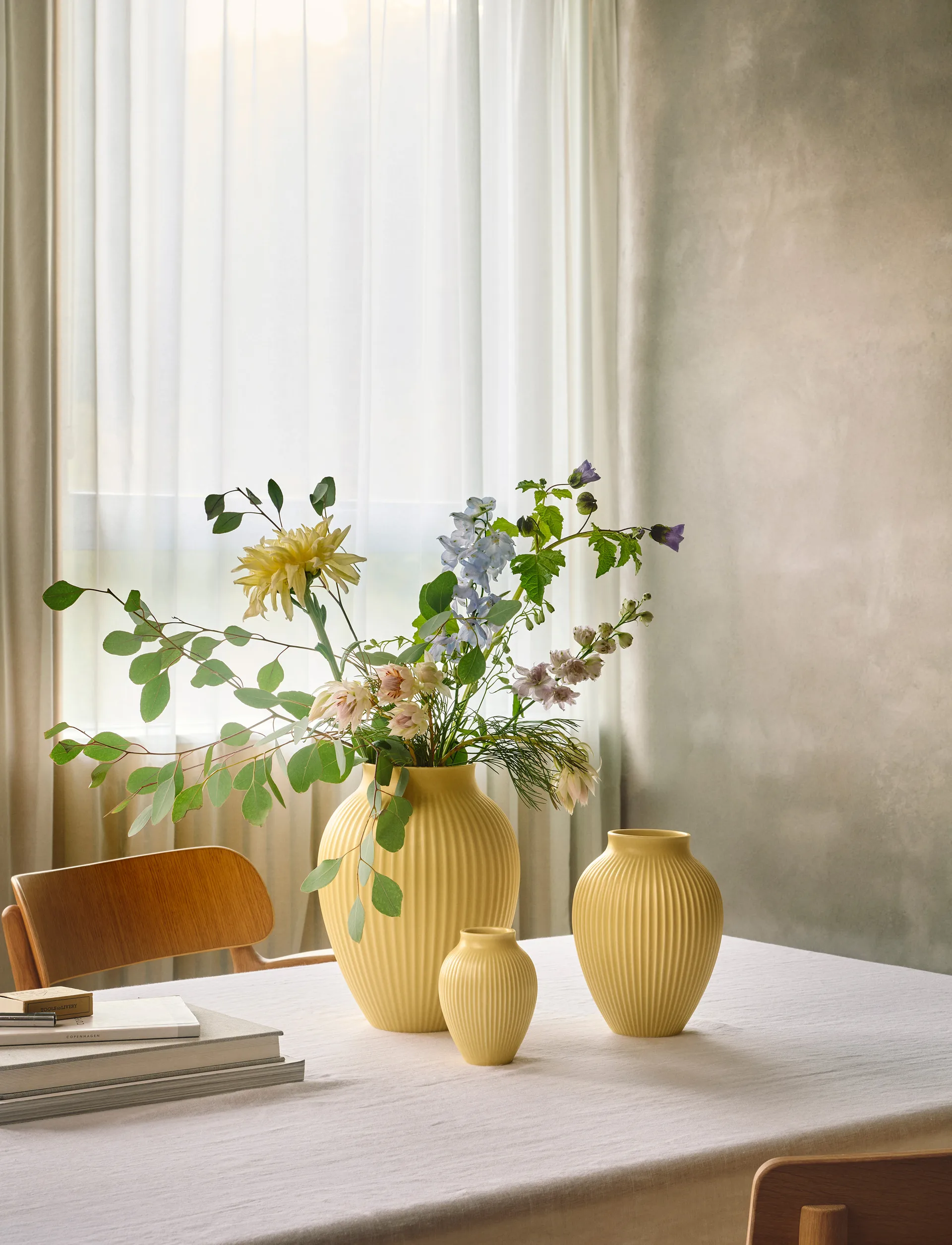 Knabstrup riflet vase 27 cm, Yellow Knabstrup Keramik