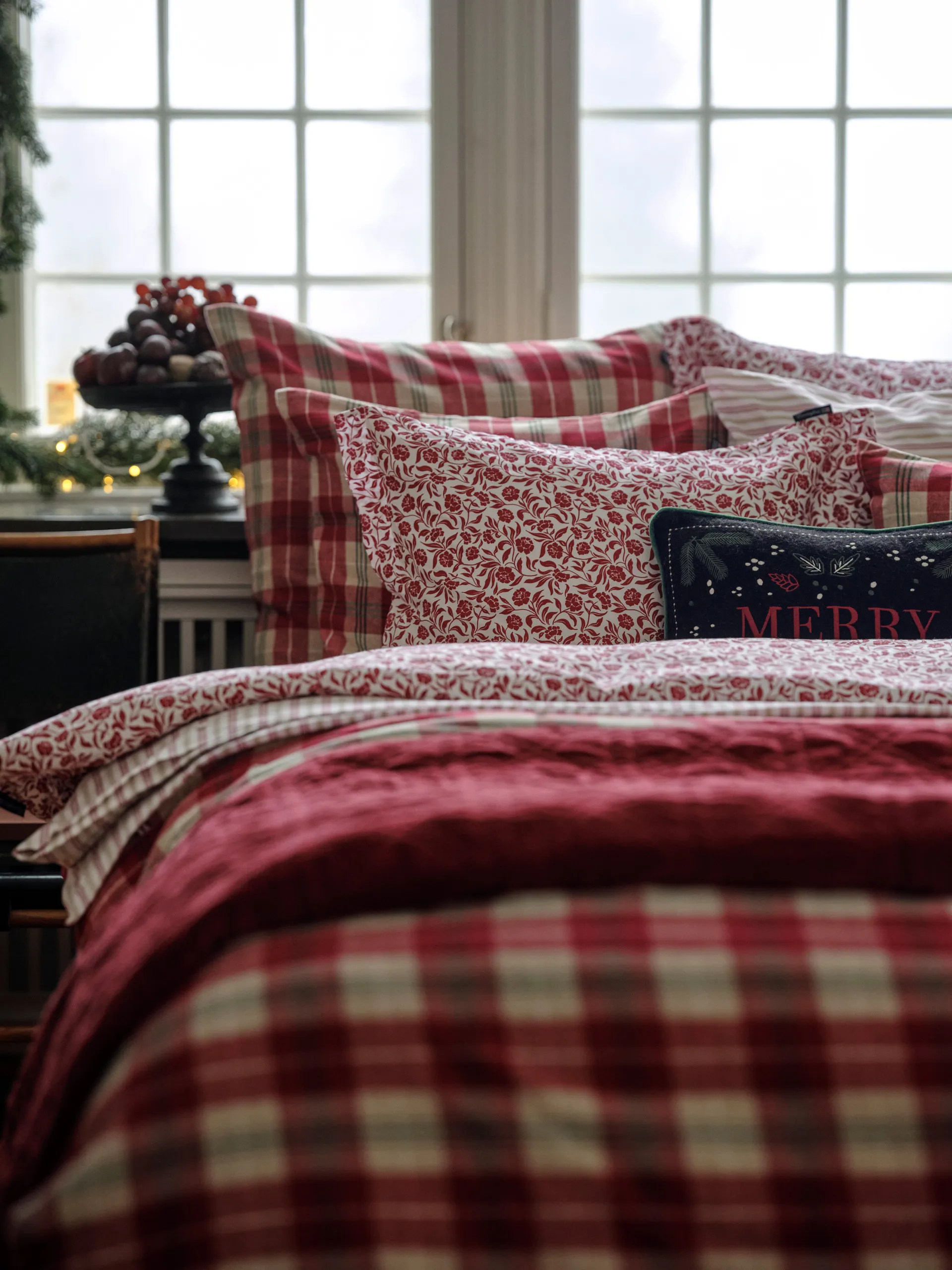 Checked Cotton Flannel putetrekk 50x60 cm, Rød-beige-grønn-hvit Lexington
