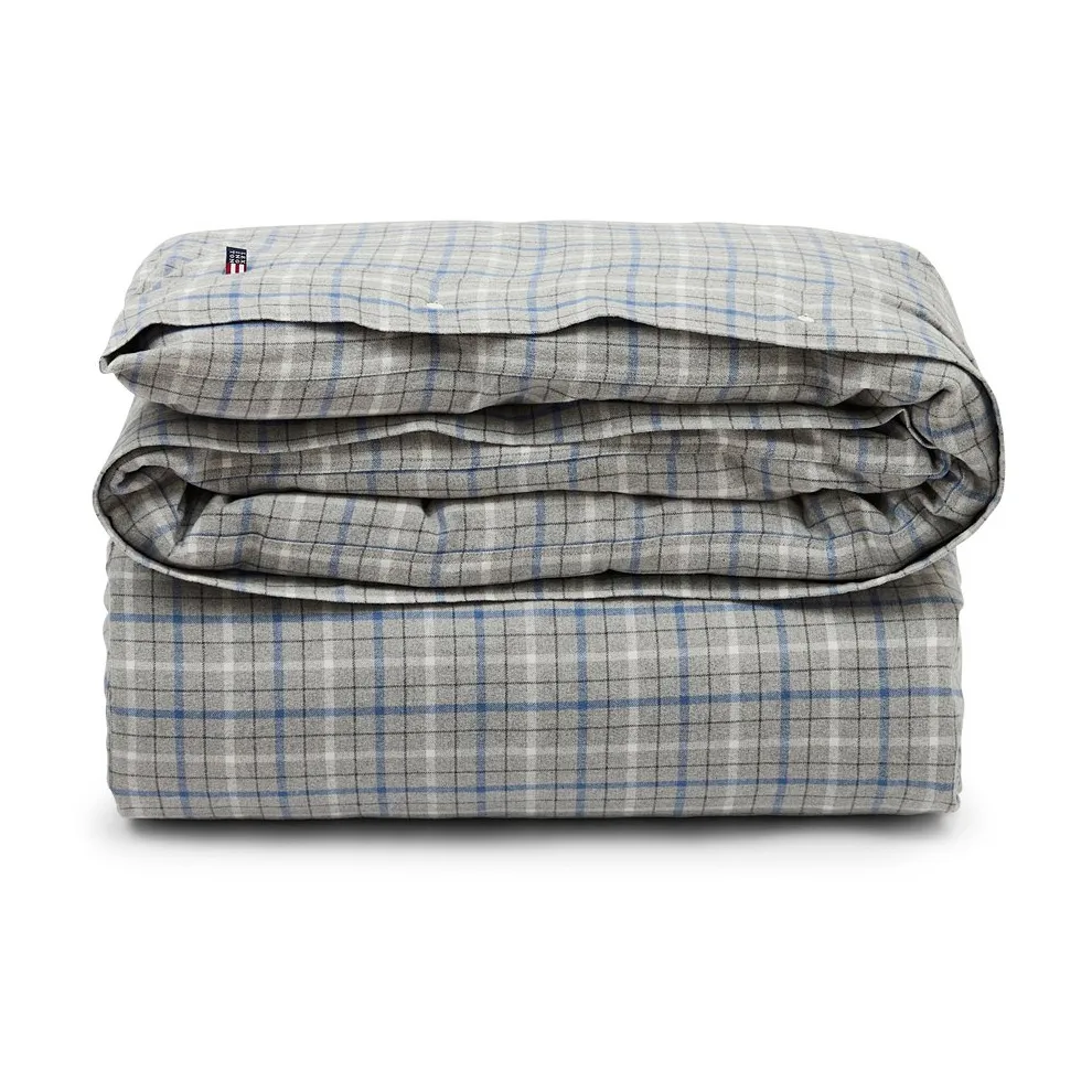 Checked dynetrekk i bomull og flanell 220x220 cm, Gray Melange/Blue/White Lexington