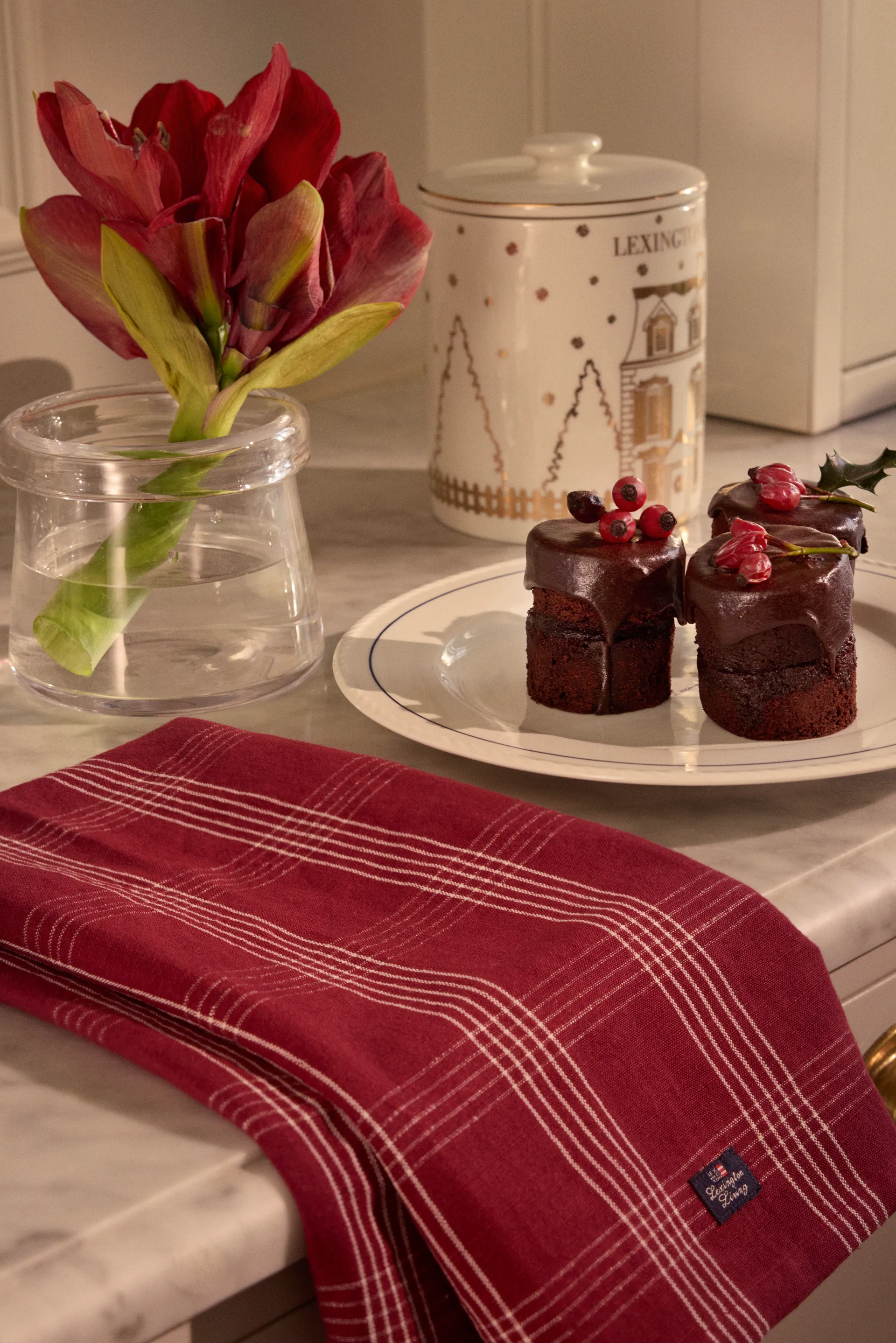 Checked lin/bomull kjøkkenhåndkle 50x70 cm, Red-white Lexington