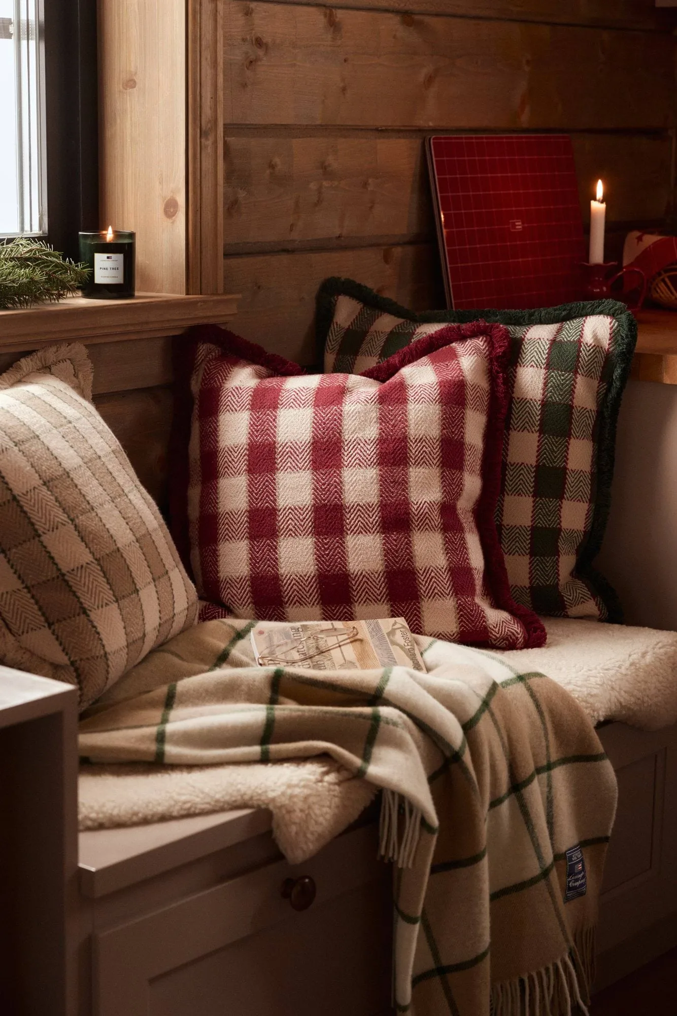 Checked organic cotton fringe putetrekk, Beige-light beige-green Lexington