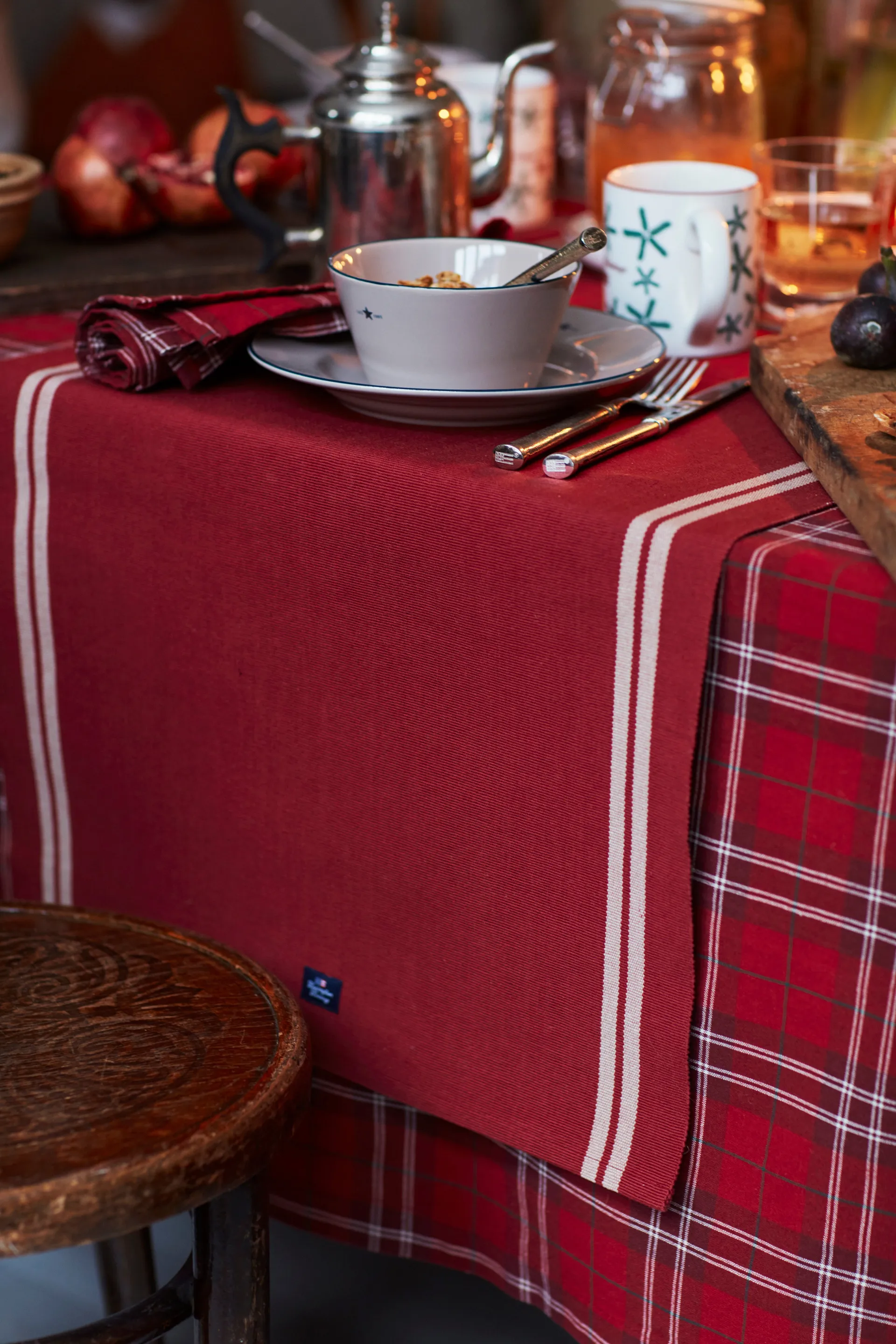 Checked Organic Cotton Oxford duk 150 x 350 cm, Red-beige-green Lexington