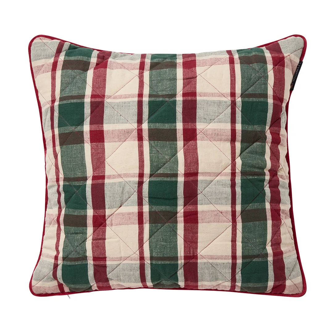 Checked quiltad lin/bomull putetrekk 50x50 cm, Green-red-beige Lexington