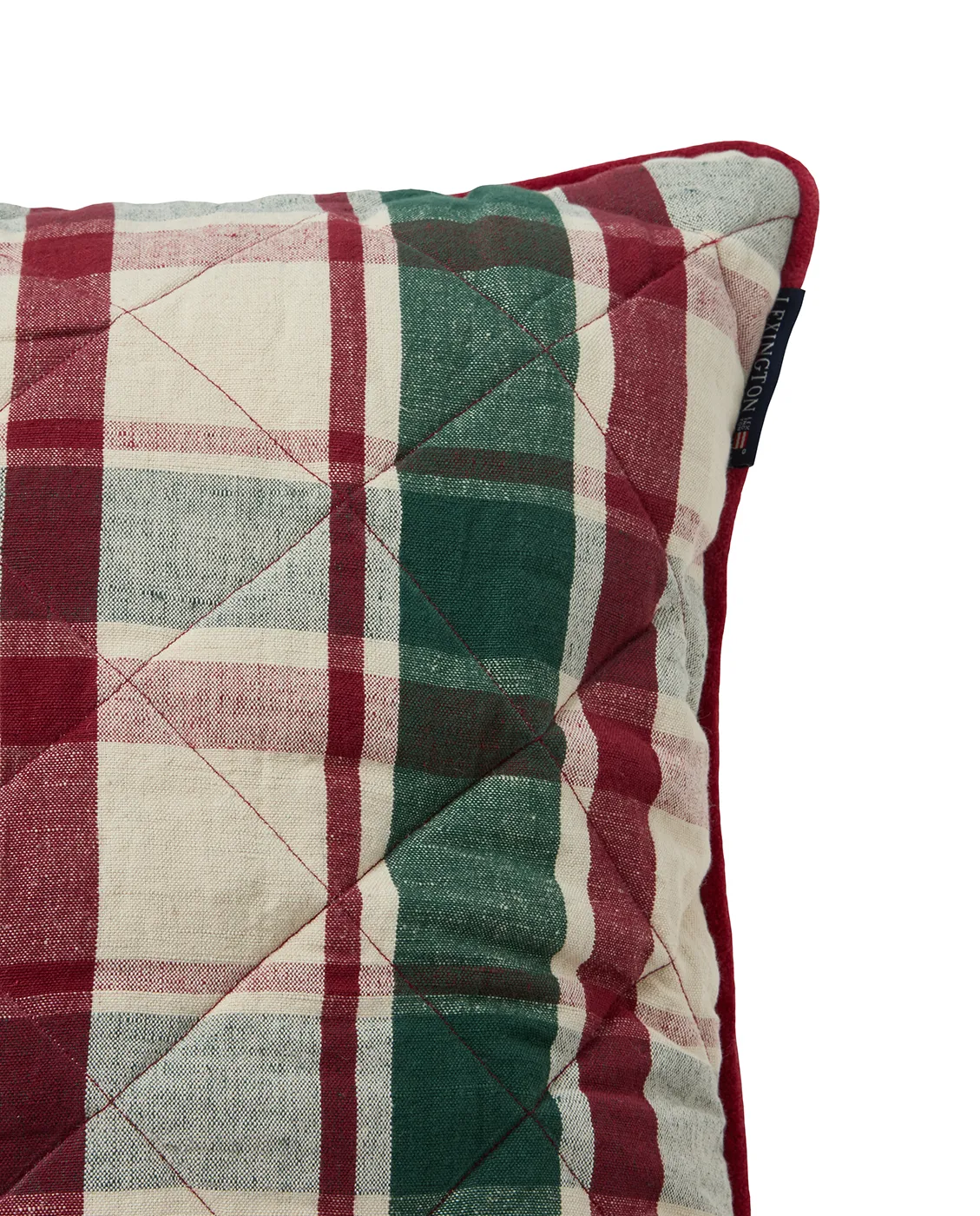 Checked quiltad lin/bomull putetrekk 50x50 cm, Green-red-beige Lexington