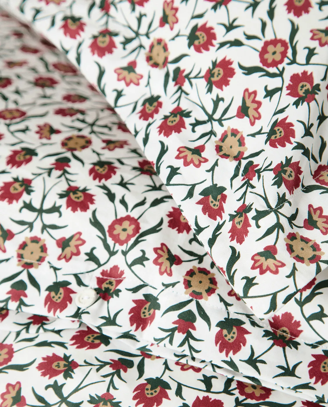 Flower Printed Cotton Sateen sengesett, White-red-green-beige, 2 st 50x60 cm/1 st 220x220 cm Lexington