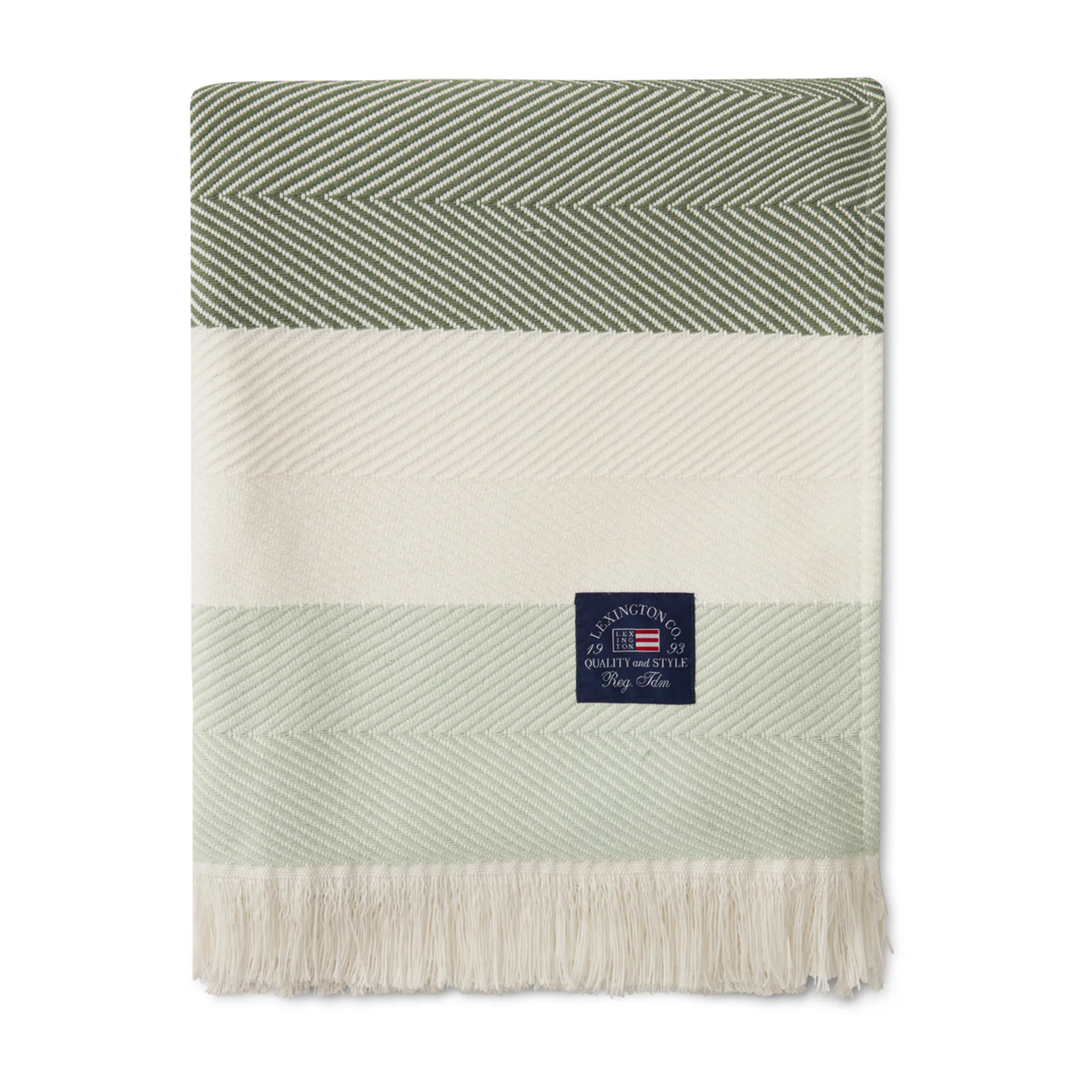 Herringbone Striped Recycled bomullspledd, Hvit-grønn Lexington