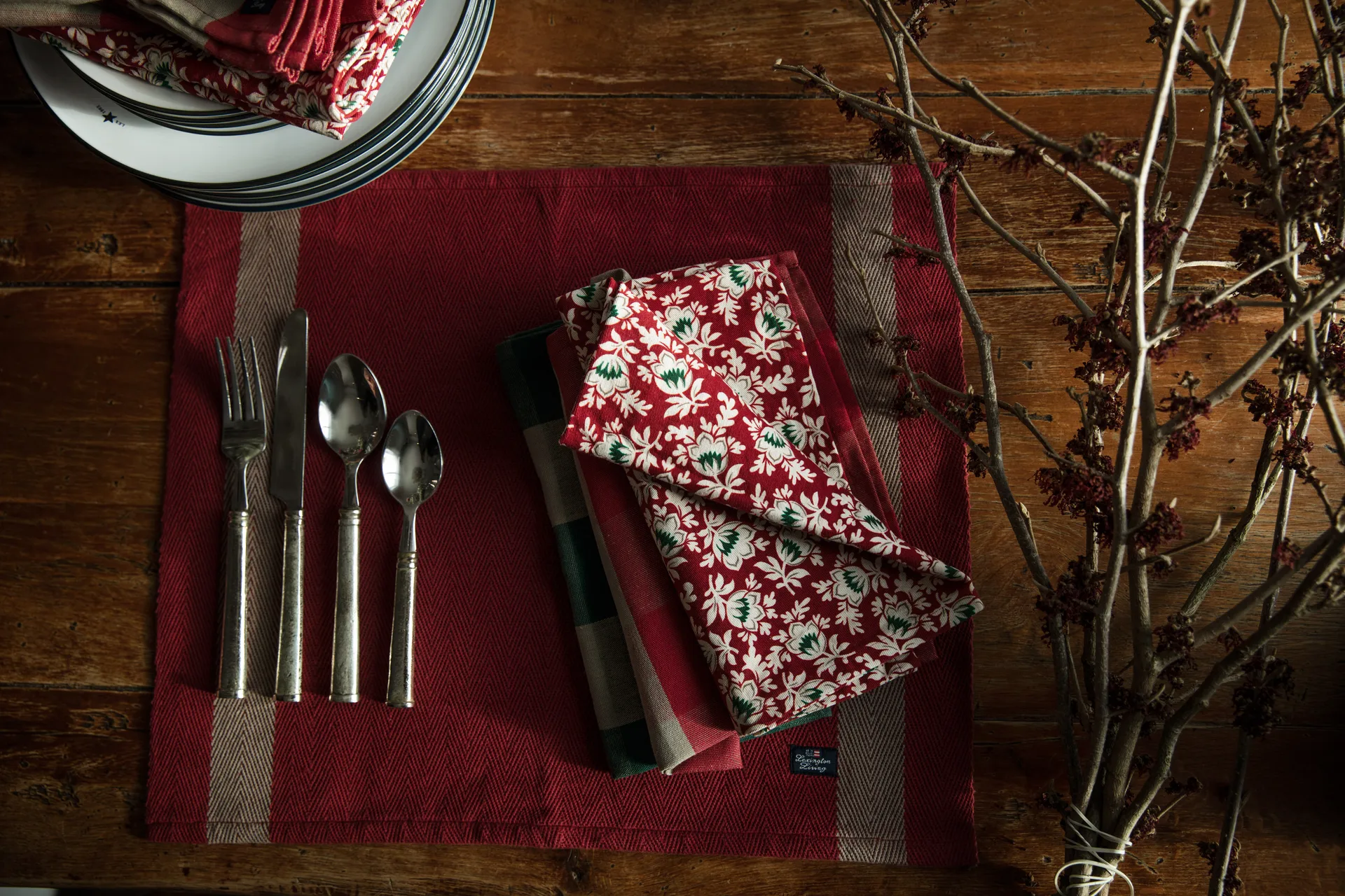 Herringbone with Stripes spisebrikke 40x50 cm, Rød-beige Lexington