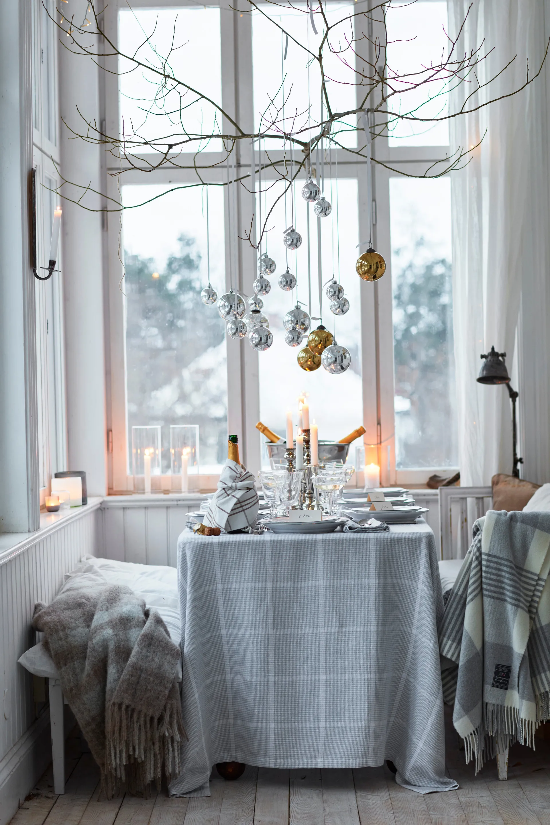 Pepita Check Cotton Linen duk 150 x 350 cm, White-light gray Lexington