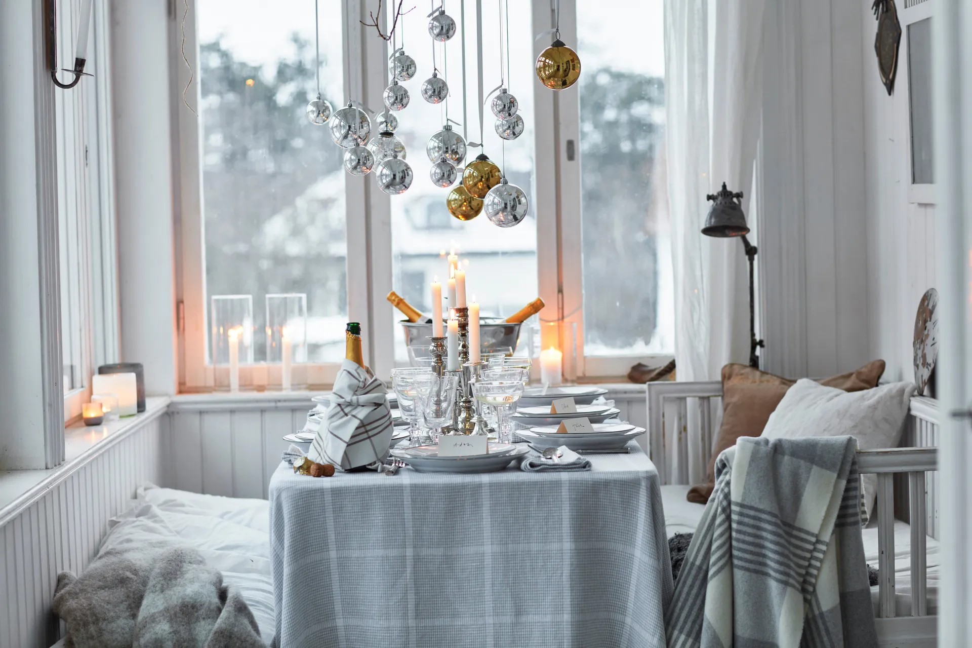 Pepita Check Cotton Linen duk 150 x 350 cm, White-light gray Lexington