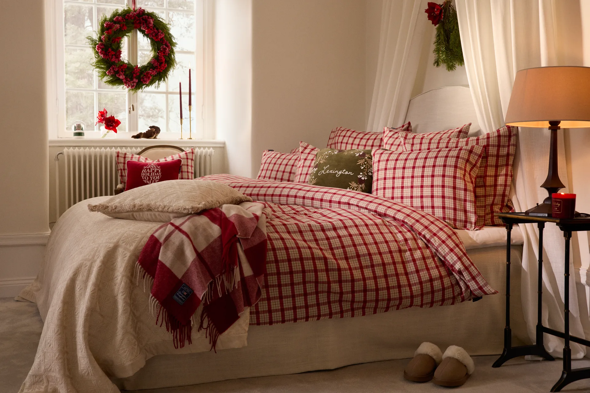 Red-beige Checked resirkulert ullpledd 130x170 cm, Red-beige Lexington