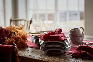 Side striped Cotton Linen serviett 50 x 50 cm - Red-white - Lexington