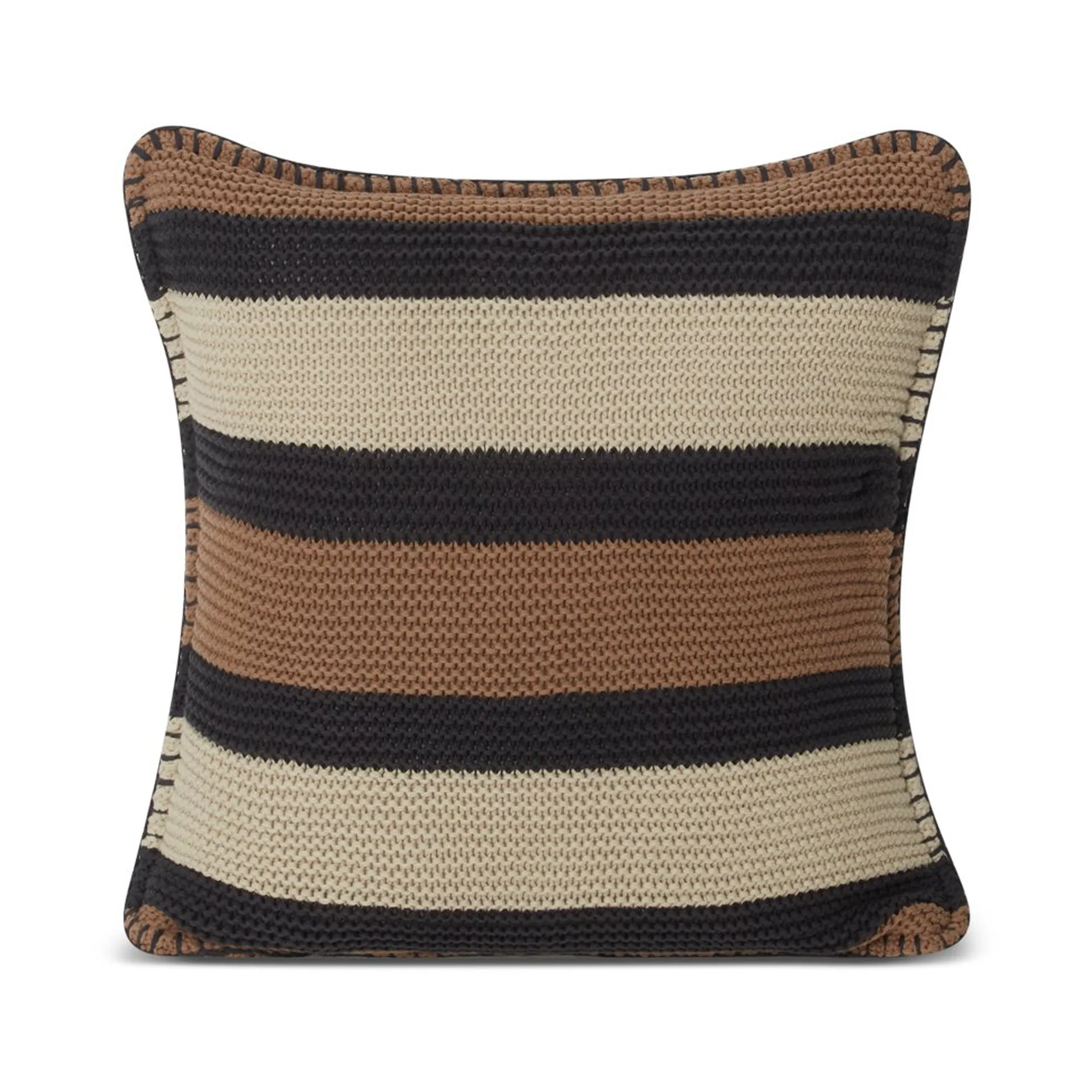 Striped Knitted Cotton putetrekk 50 x 50 cm, Brown-dark gray-light beige Lexington