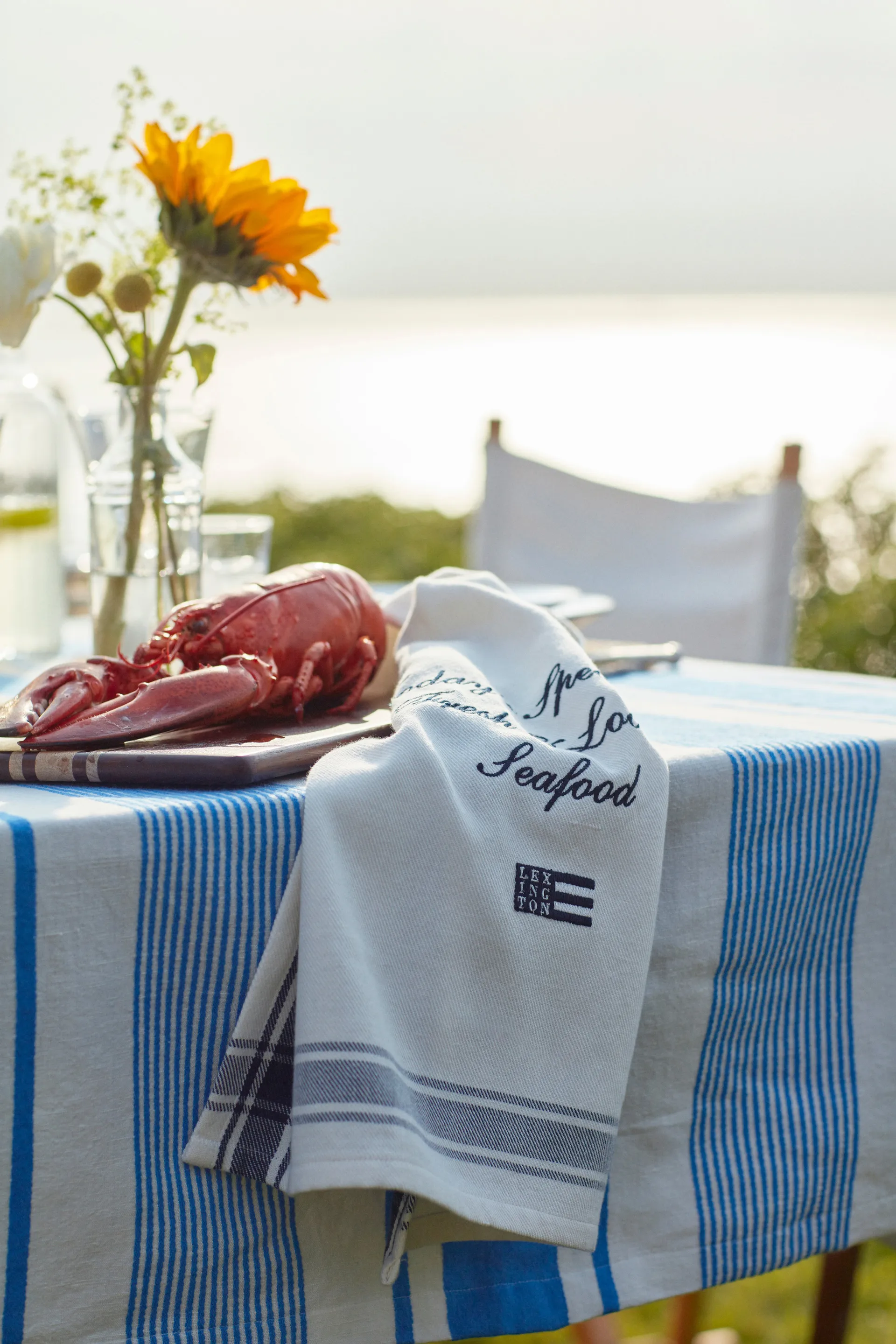 Striped Linen Cotton duk 150 x 250 cm, Blå-hvit Lexington