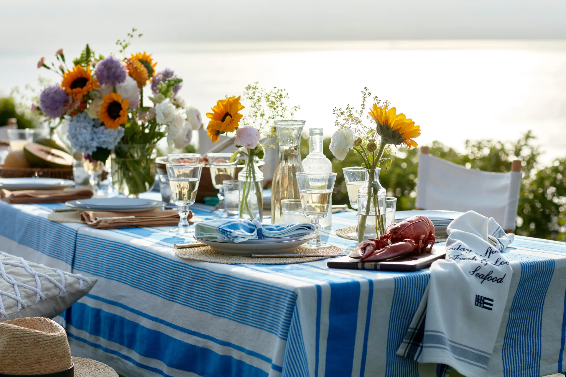 Striped Linen Cotton duk 150 x 250 cm, Blå-hvit Lexington