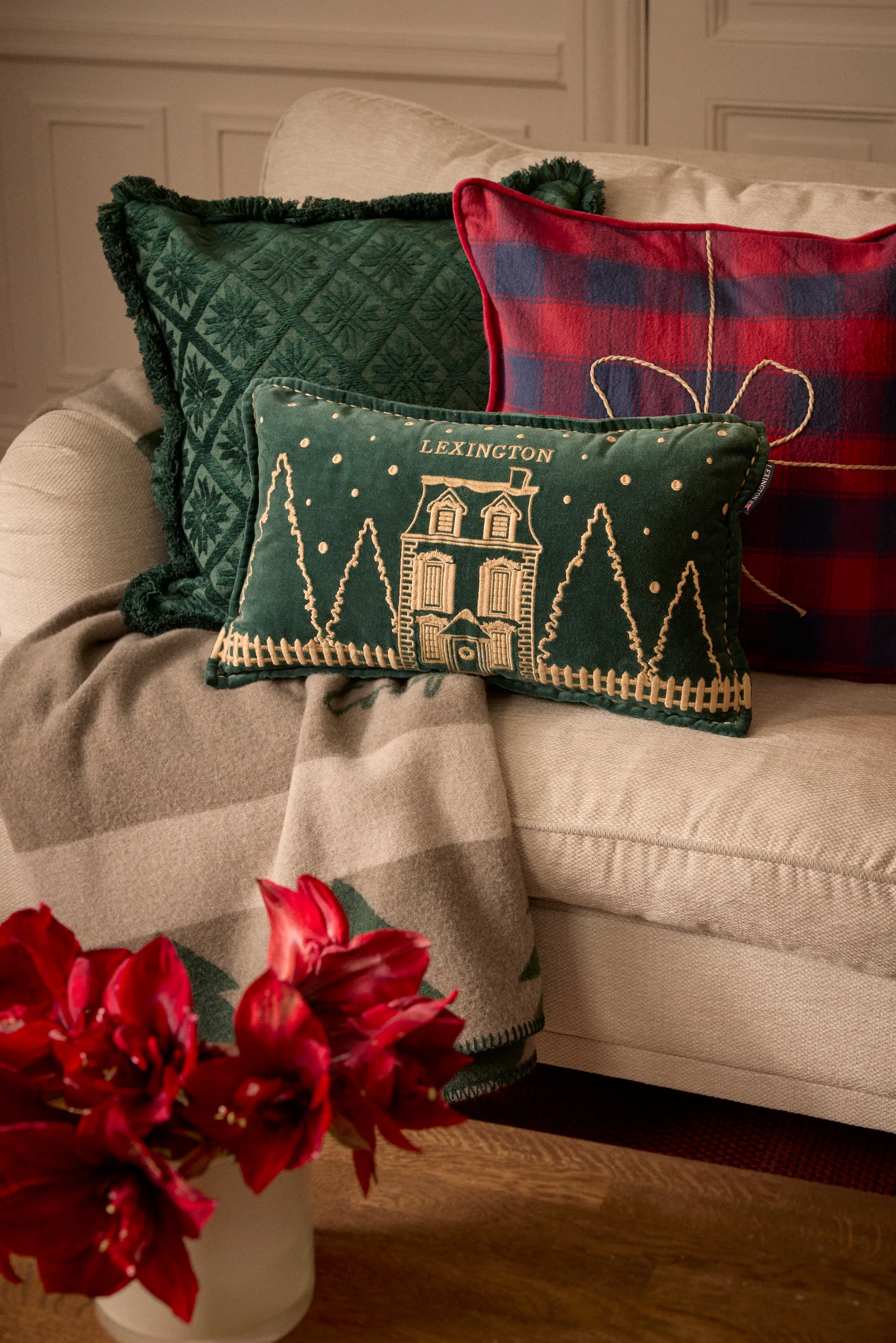 Wrapped checked eko. flanell putetrekk 50x50 cm, Dark blue-red Lexington