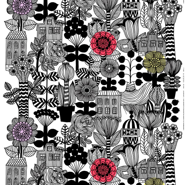 Lintukoto stoff, hvit-sort-gul Marimekko