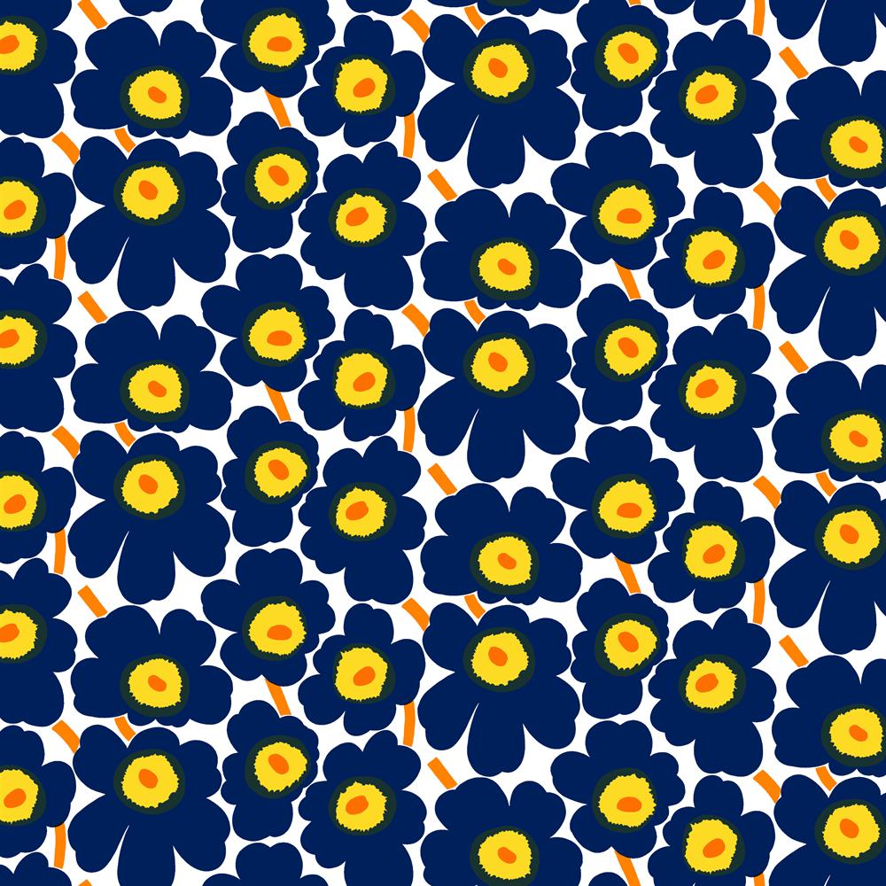 Bilde av Marimekko Pieni Unikko stoff bomull hvit-blå-gul