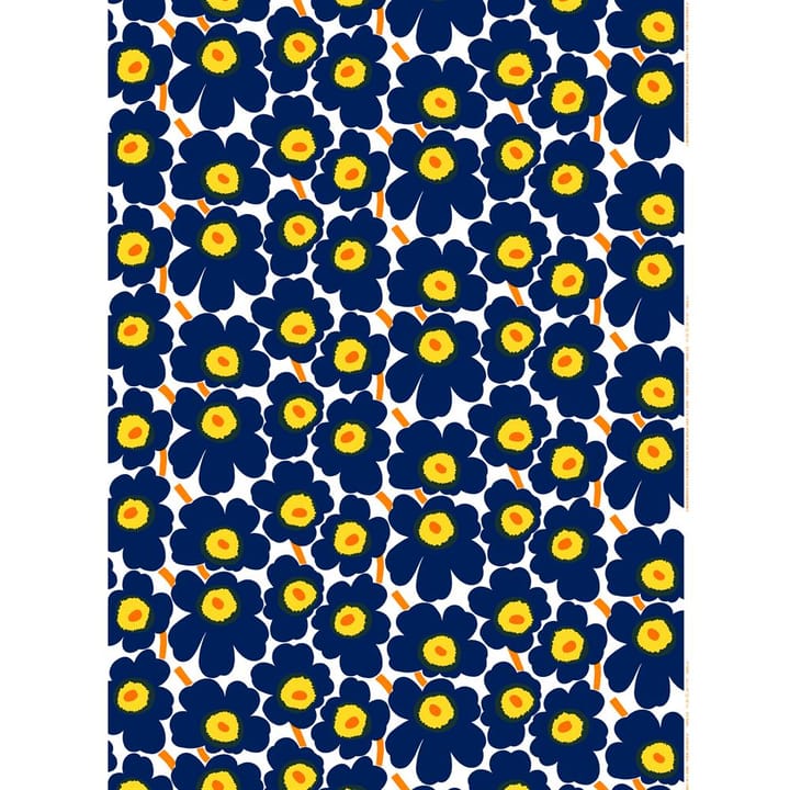 Pieni Unikko stoff bomull, hvit-blå-gul Marimekko