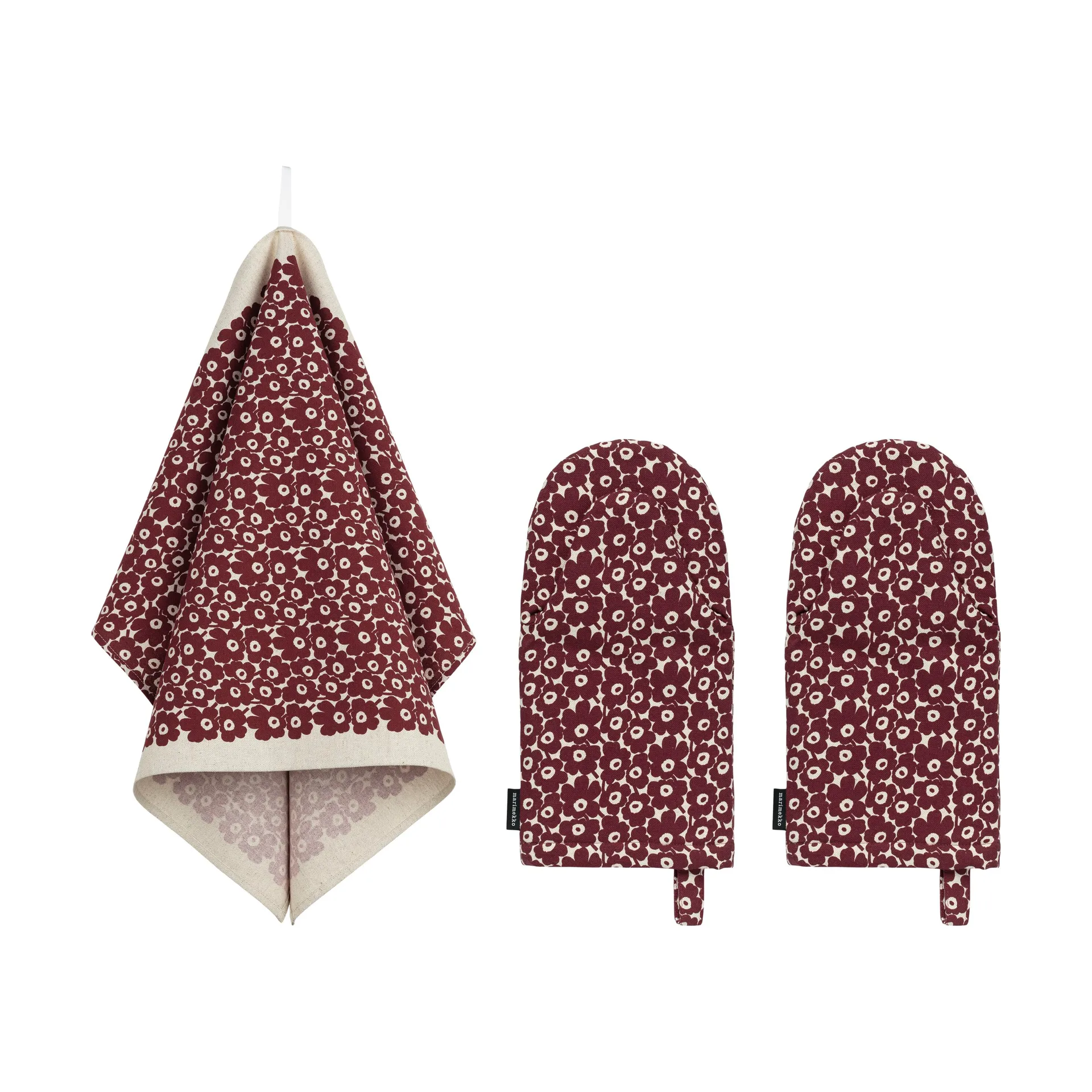 Pikkuinen Unikko kjøkkensett 3 deler, Linen-burgundy Marimekko