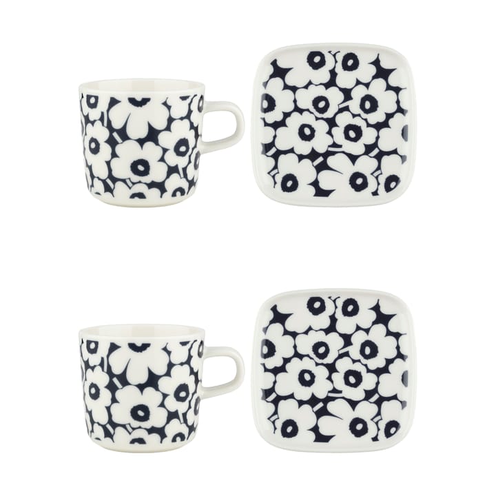 Pikkuinen Unikko kopp og fat sett 20 cl, 4 deler, Dark blue-white Marimekko