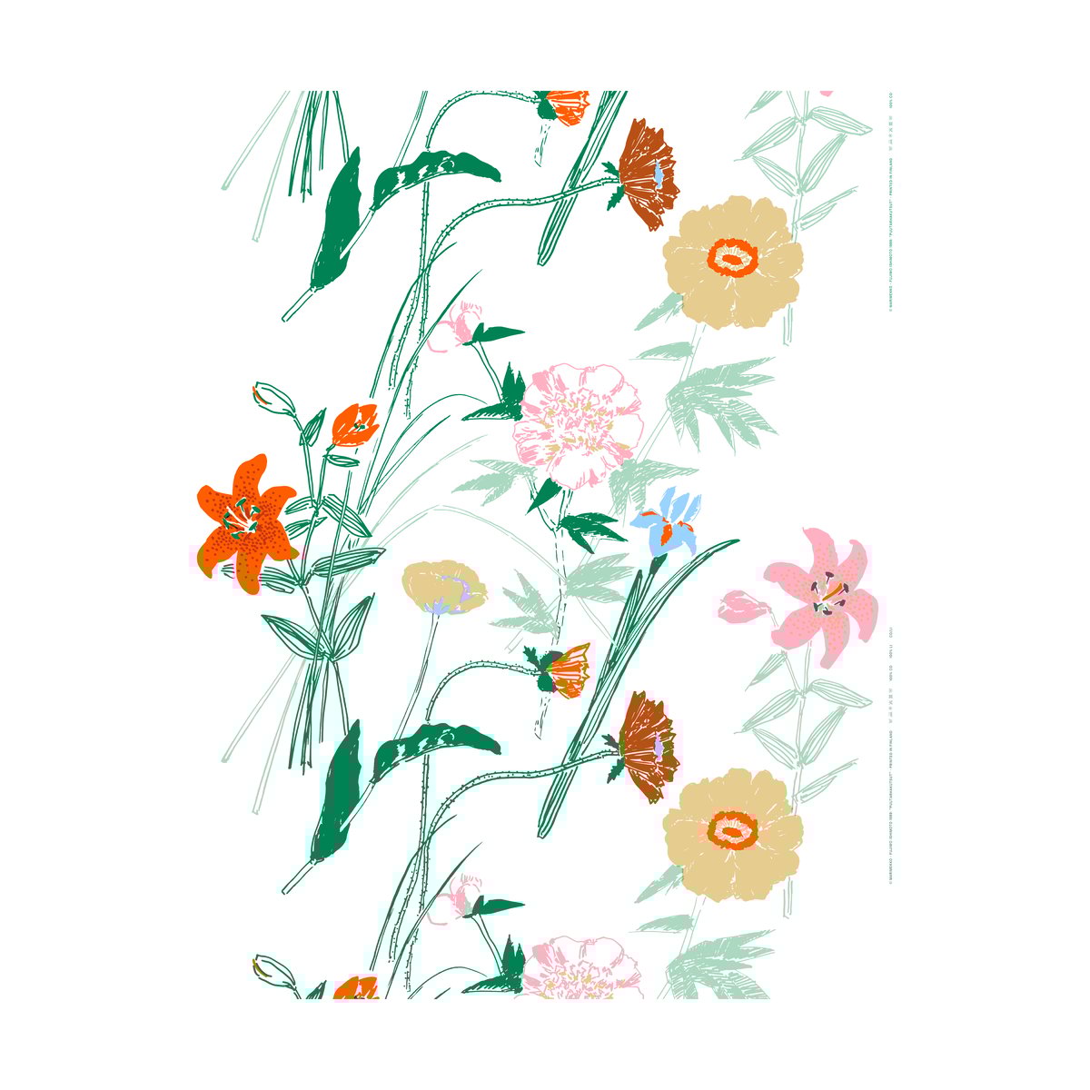 Marimekko Puutarhakutsut bomullsstoff White-green-orange