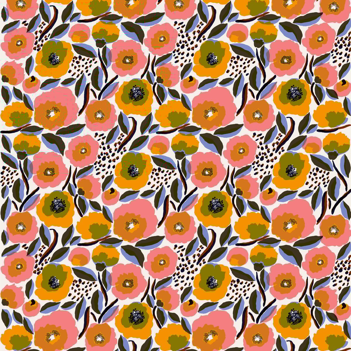 Marimekko Rosarium stoff hvit-rd-gul-blå | Skandinavisk Design | Stoff & Metervare | Multi