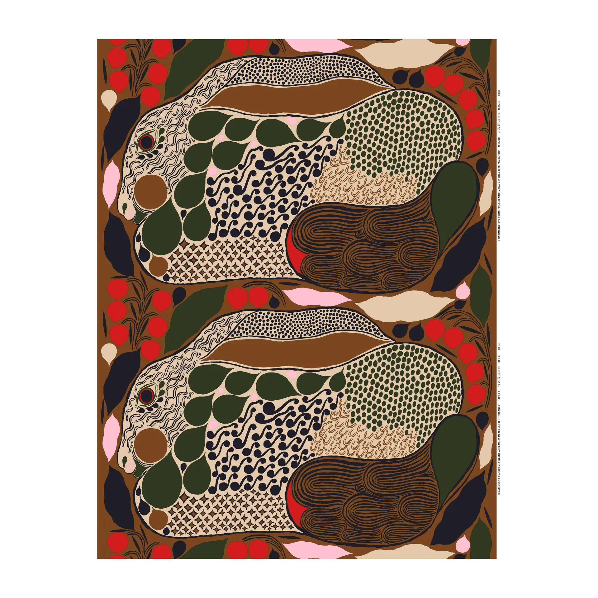 Rusakko bomullsstoff, brun-mørkeblå-rød Marimekko