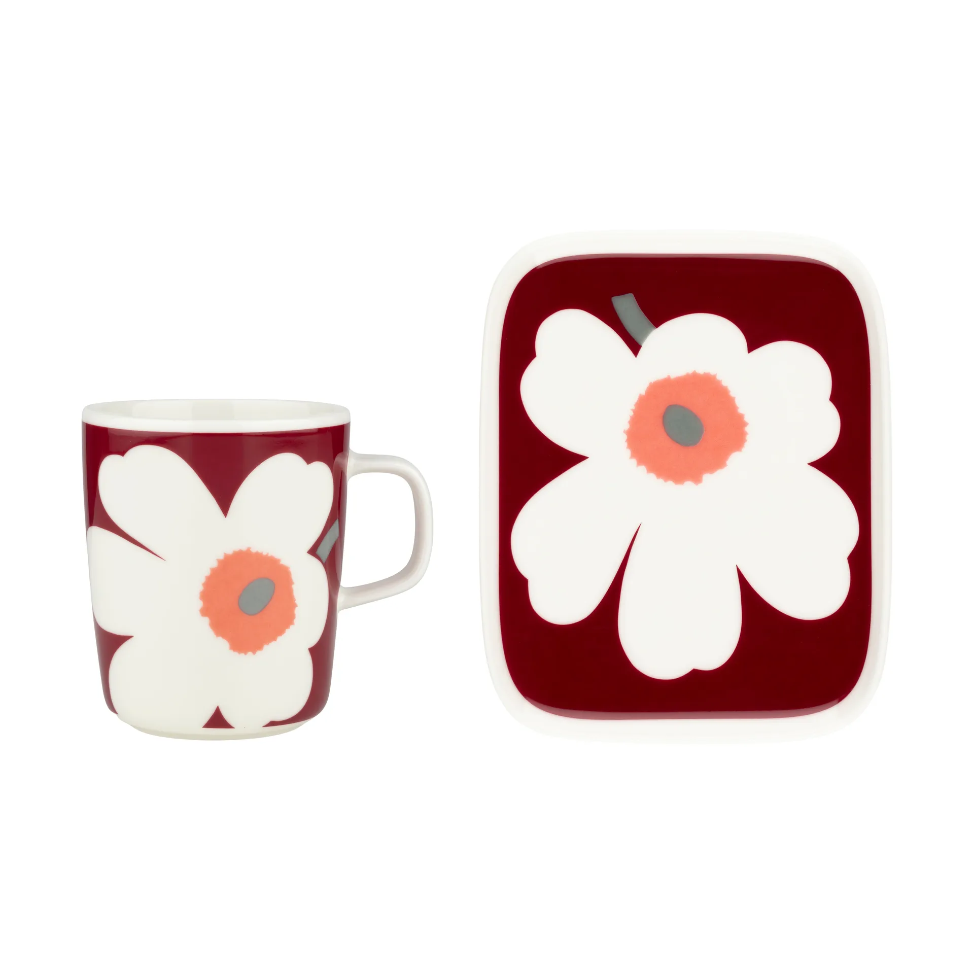 Unikko 60-årsjubileum krus 25 cl+tallerken 12x15 cm, White-darl cherry-ash grey Marimekko