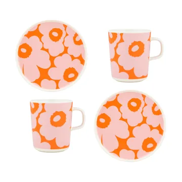 Unikko frokostsett - White-pink-orange, 4 deler - Marimekko