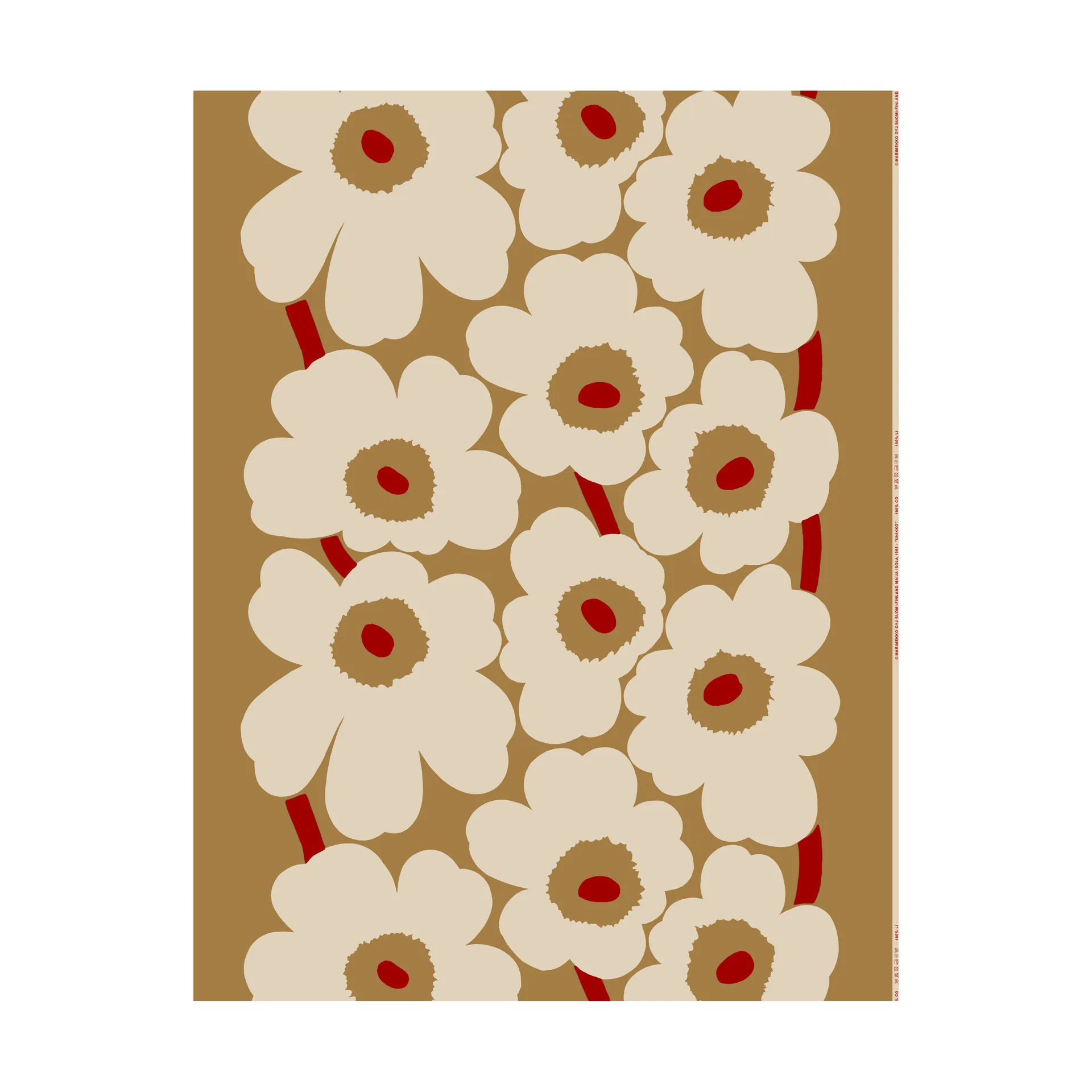 Unikko stoff bomull-lin, Brown-linen-red Marimekko