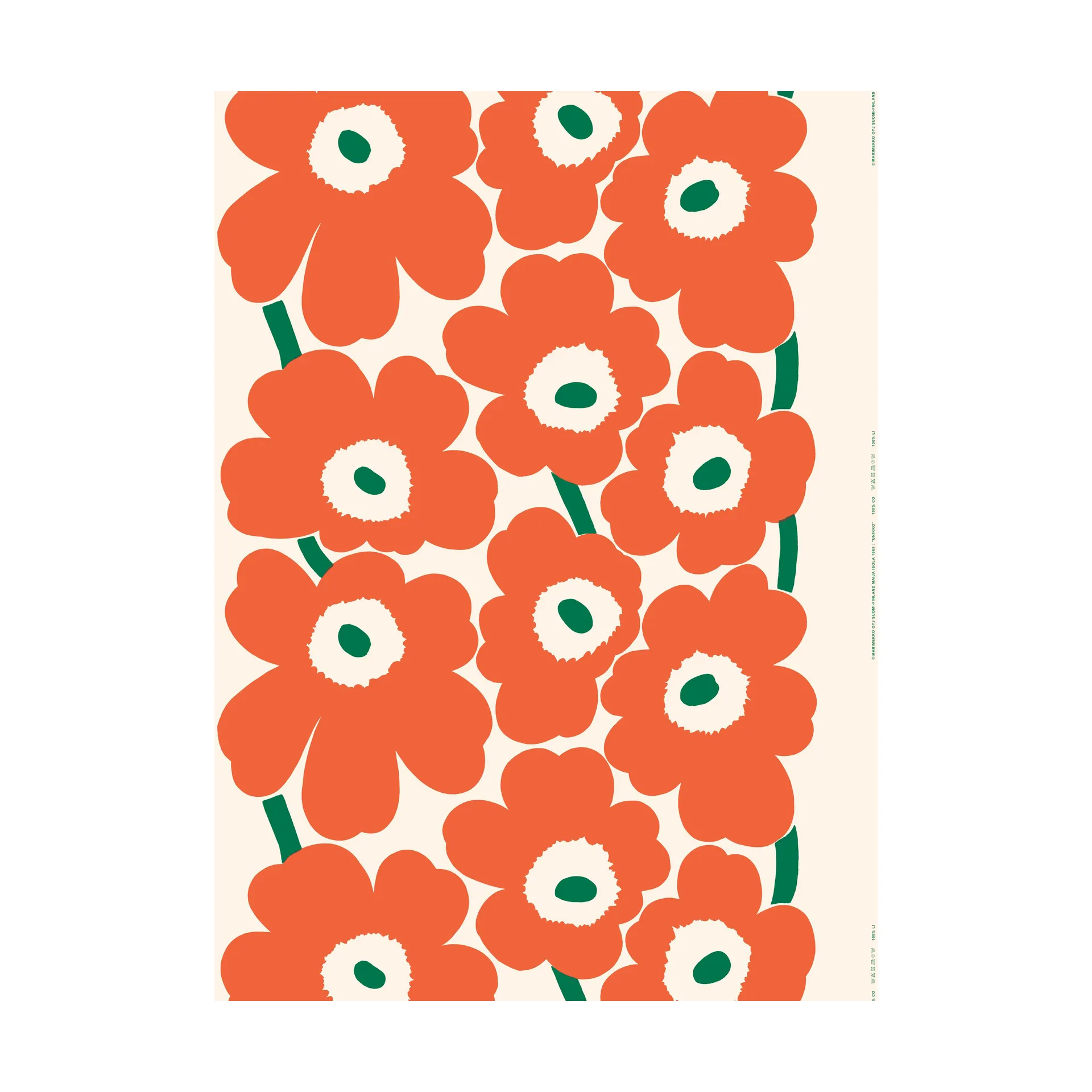 Unikko stoff tungvekts bomullsatin, Bomull-orange-grønn Marimekko