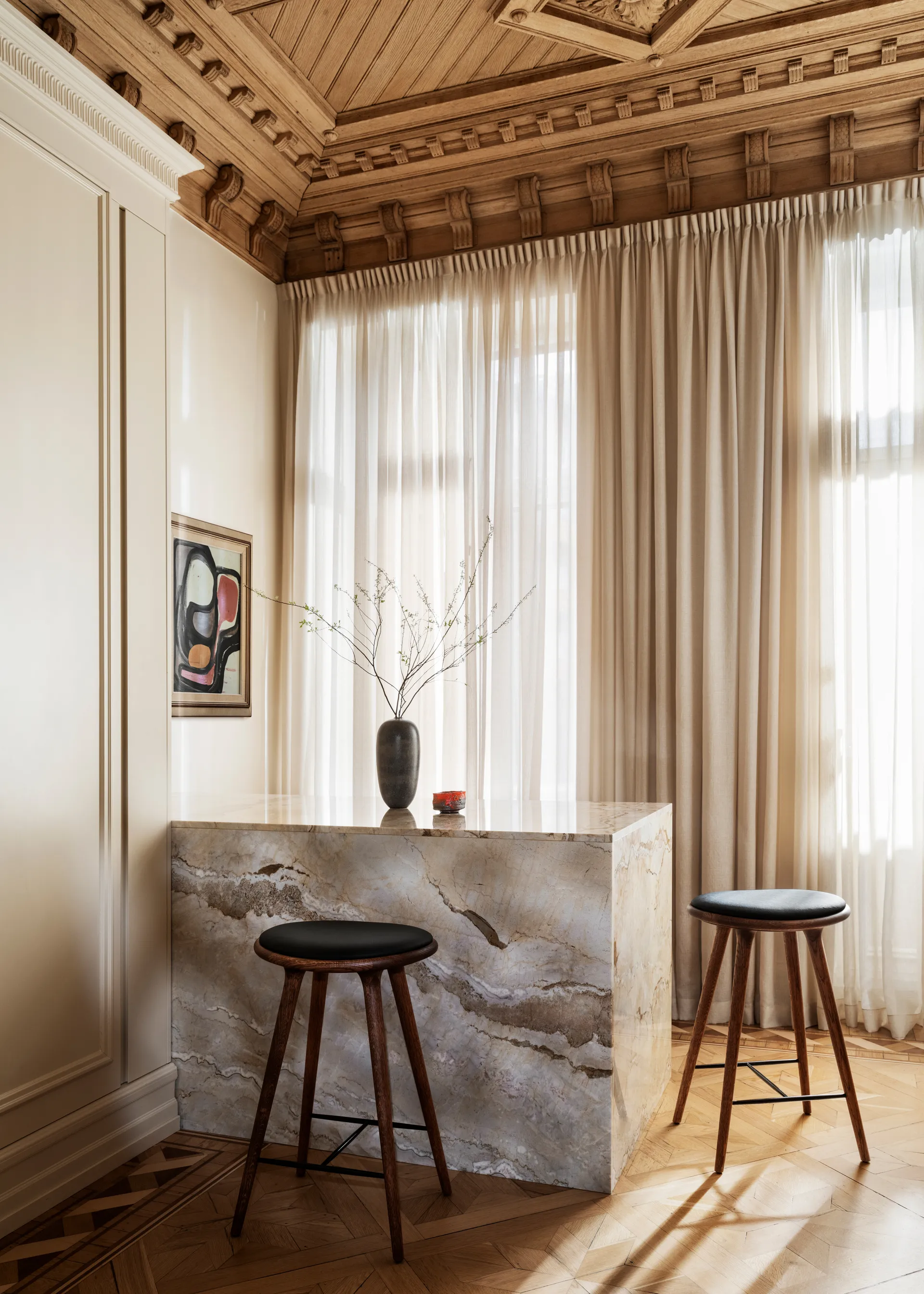 Mater high stool barkrakk lav 69 cm, skinn svart, sirka grey eik Mater