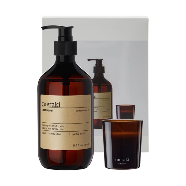 Meraki gavesett håndsåpe og duftlys - Northern dawn + dark wood - Meraki