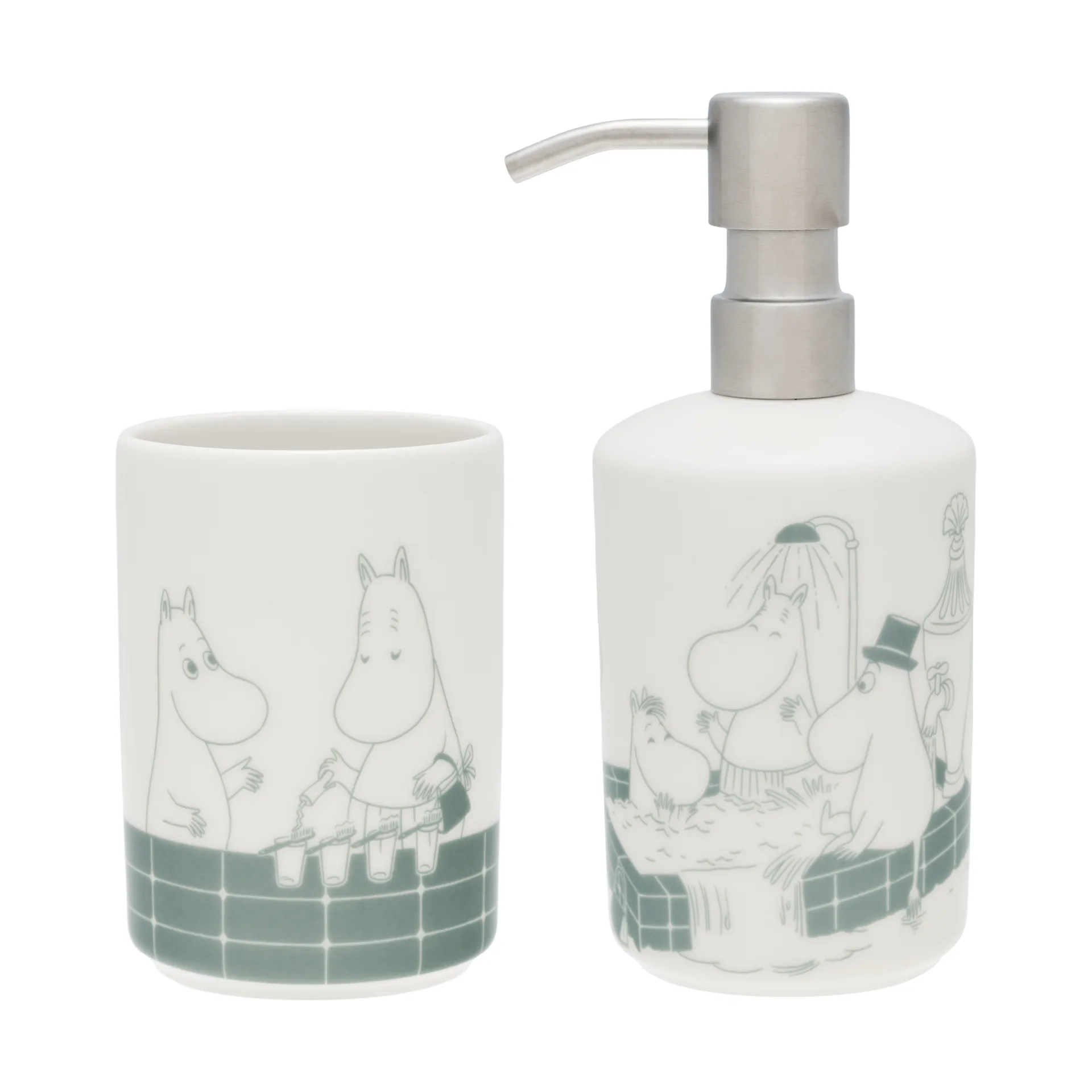 Mummi såpepumpe og tannbørsteholder, Badestund grønn-hvit Moomin Arabia