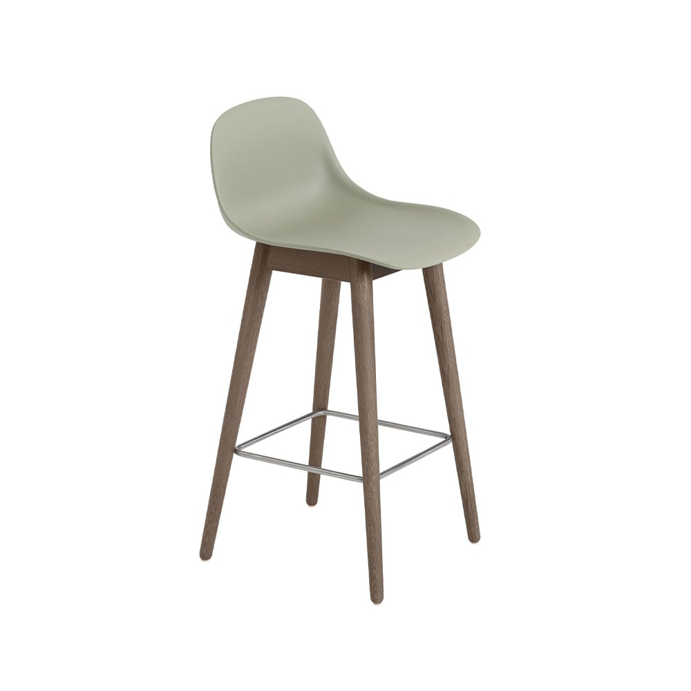 Bilde av Muuto Fiber barstol med ryggstøtte 65 cm Dusty green-mørkebrunbeisede ben
