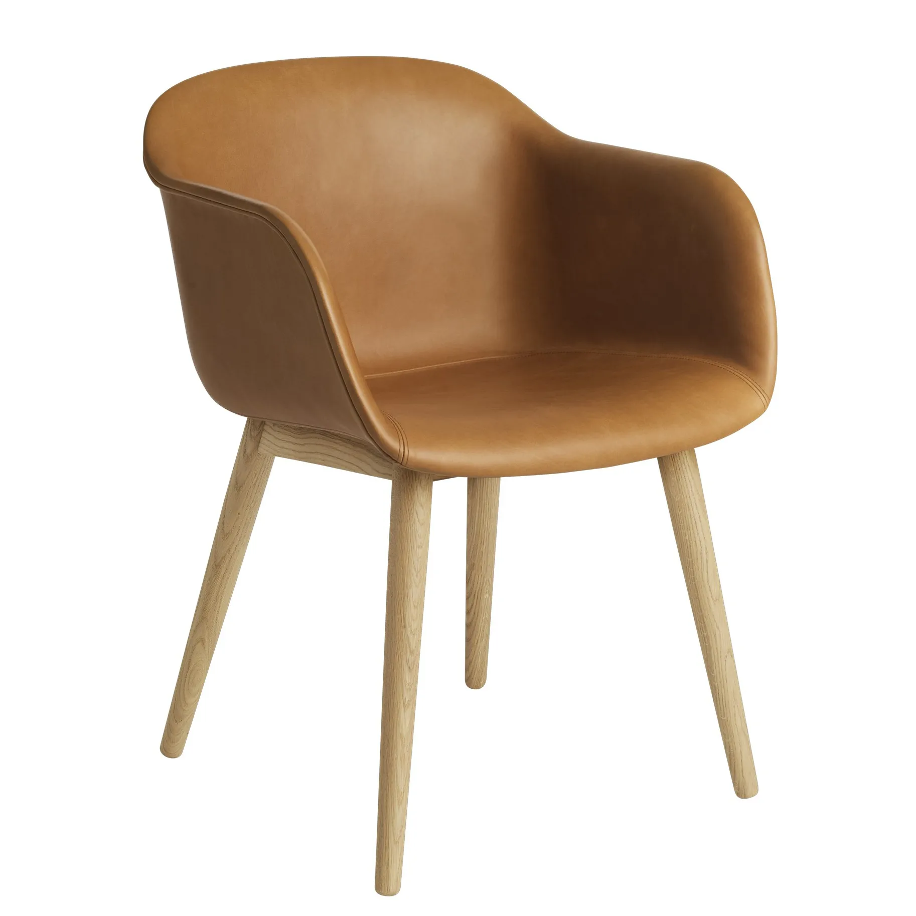 Fiber Chair stol med armstøtte og trebein, Cognac leather-oak Muuto
