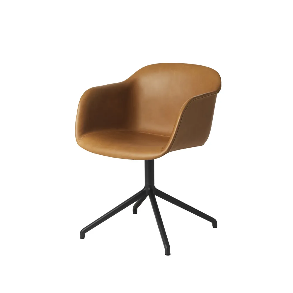 Fiber karmstol tube base, Refine leather cognac-Black Muuto