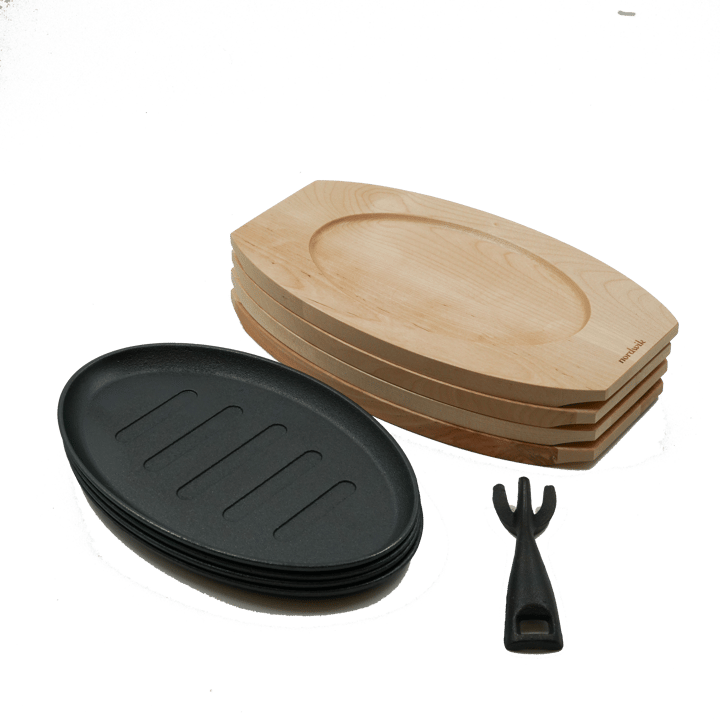 Støpejernstallerken med underlag 4-pakning & Gaffel, Wood-cast iron Nordwik