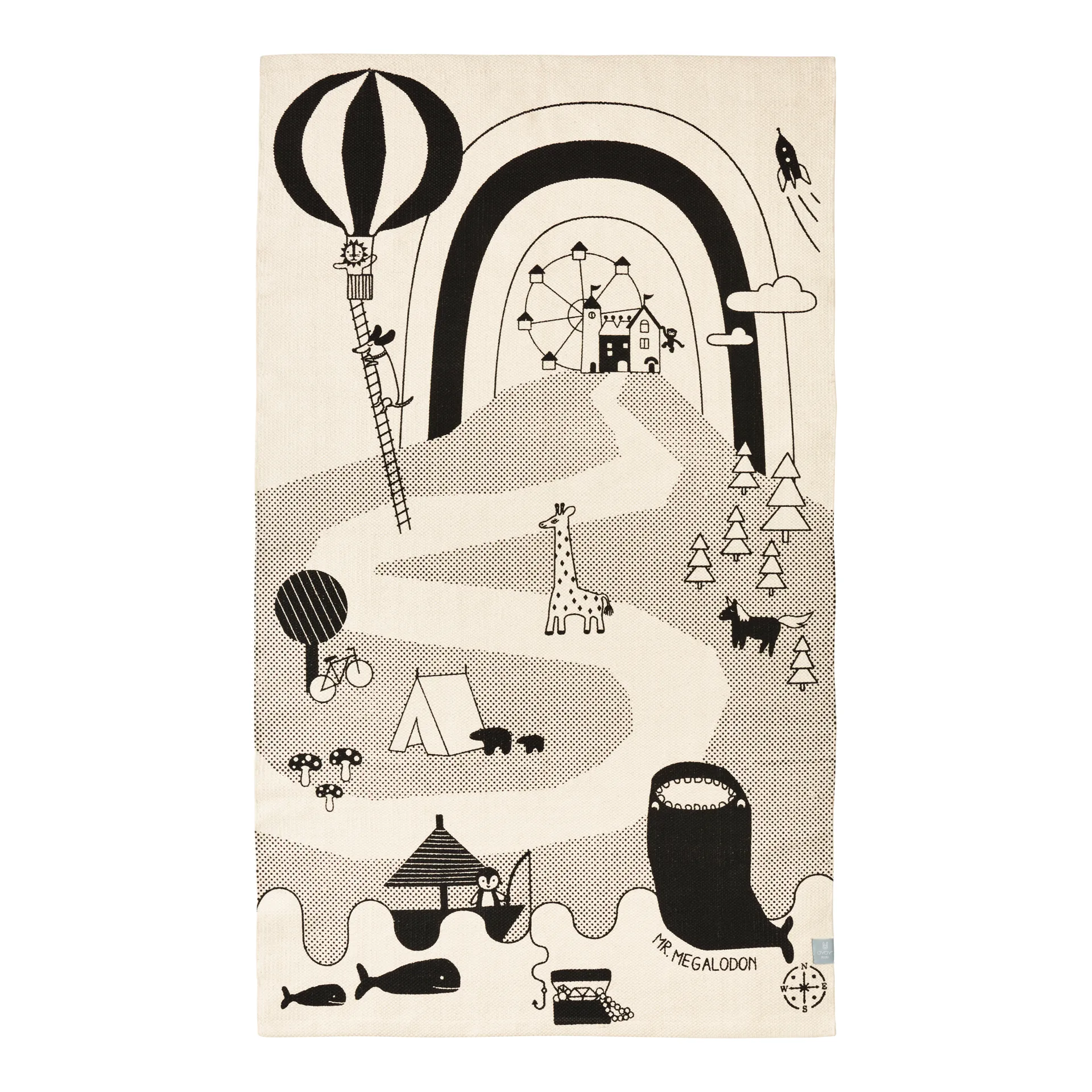 Mr. Megalodon Adventure teppe 90x150 cm, Offwhite-svart OYOY