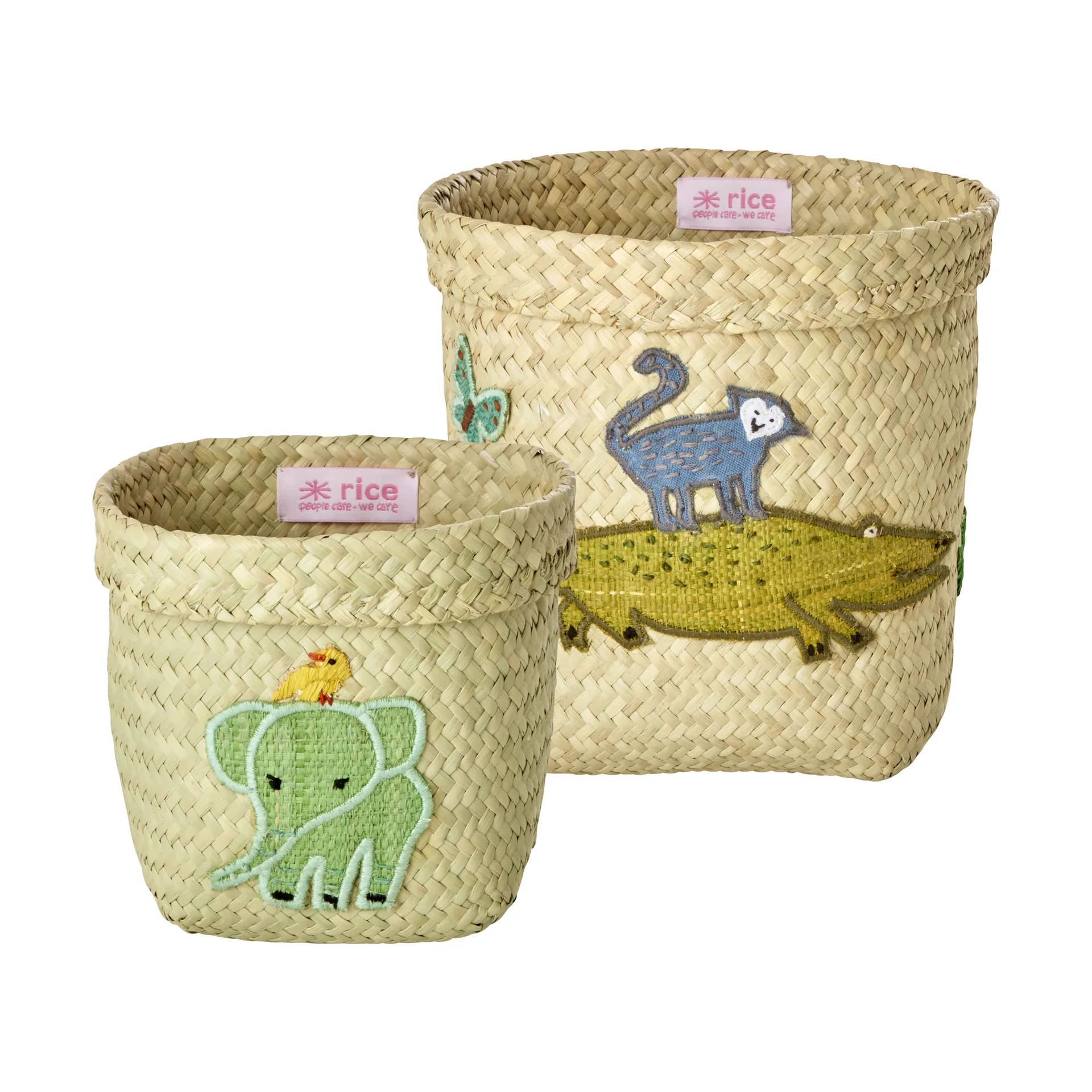 Rice raffia oppbevaringskurv rund 2 deler, Animal Embroidery-Green-Blue RICE
