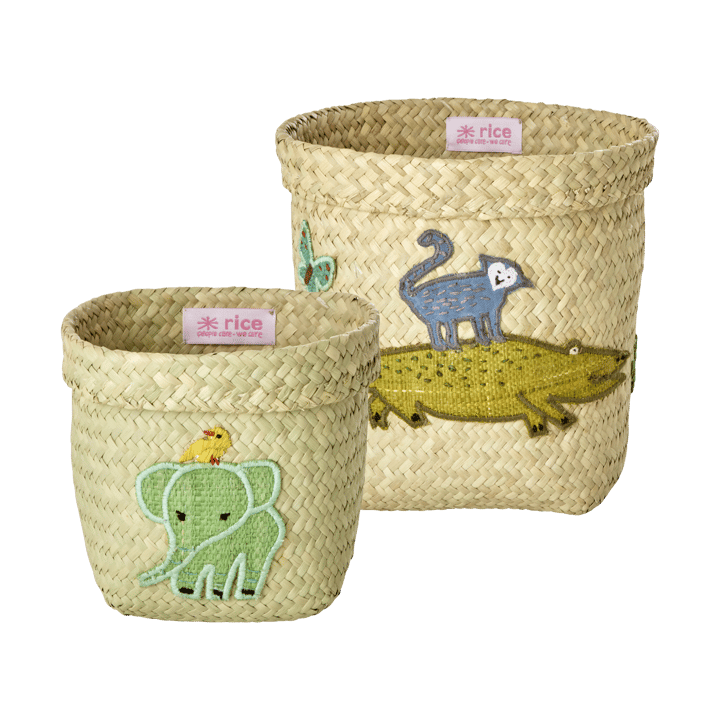 Rice raffia oppbevaringskurv rund 2 deler, Animal Embroidery-Green-Blue RICE