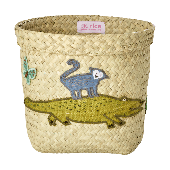Rice raffia oppbevaringskurv rund 2 deler, Animal Embroidery-Green-Blue RICE