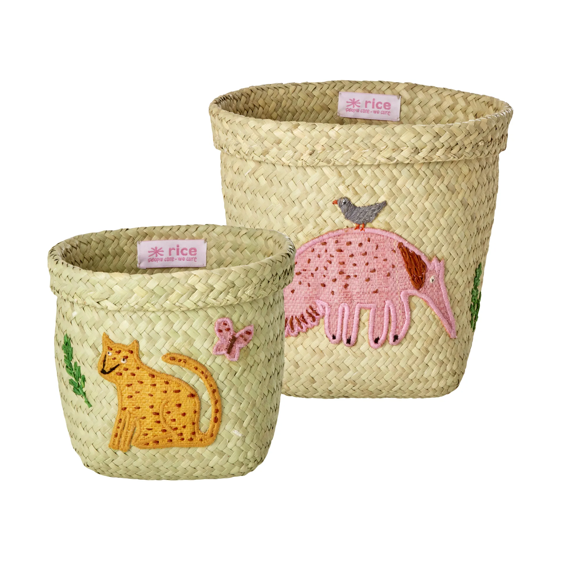 Rice raffia oppbevaringskurv rund 2 deler, Animal Embroidery-Pink-Orange RICE