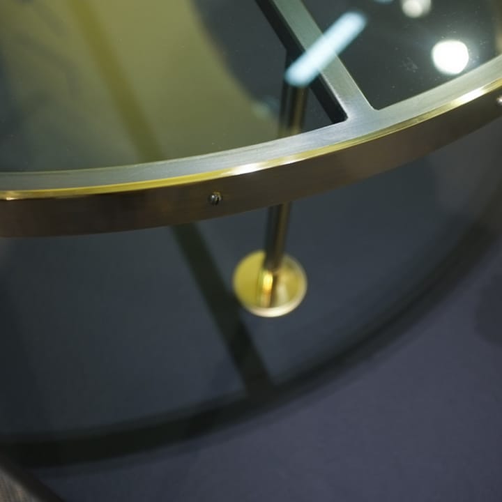 Sofabord 14, glass, lakkert stålstativ, messingplate Scherlin