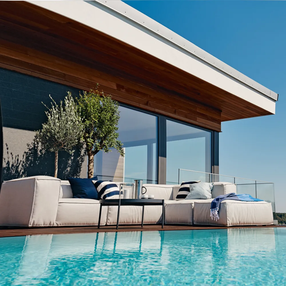 Asker modulsofa, Sunbrella Sling light grey, fotskammel Skargaarden