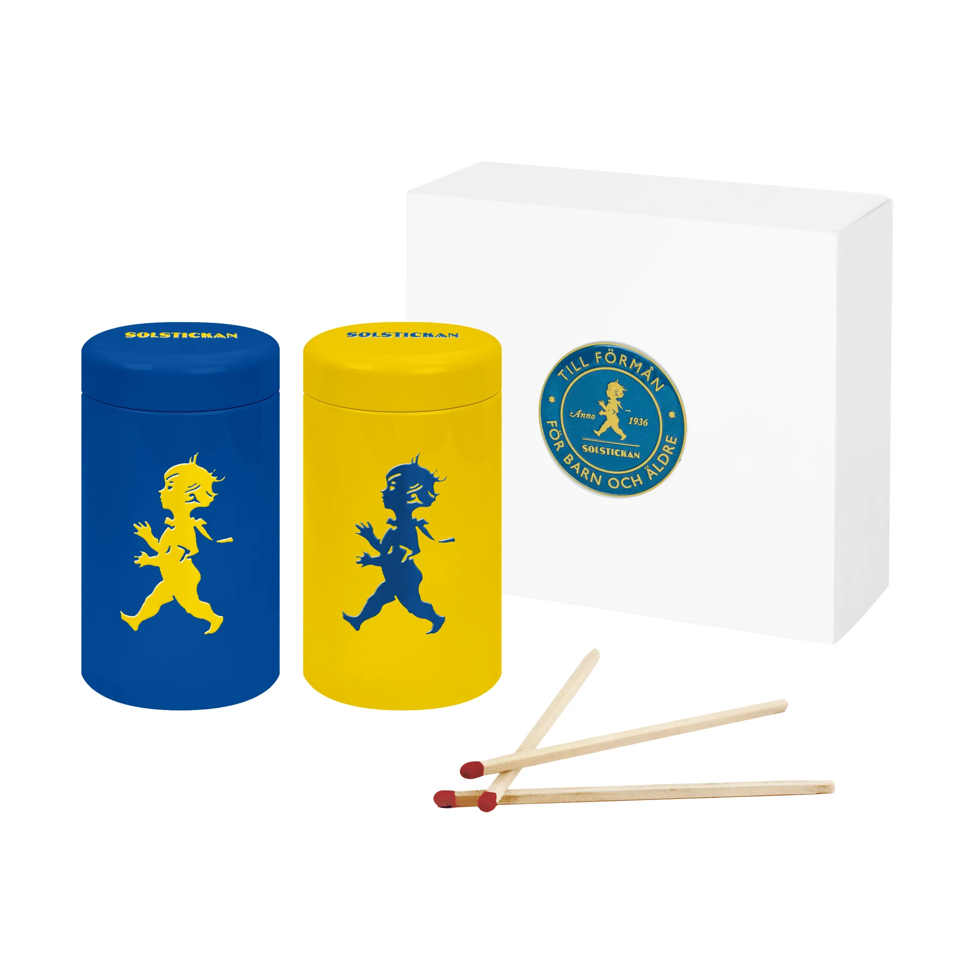 Solstickan fyrstikkrør 2-pack gaveeske, Gul, blå Solstickan Design